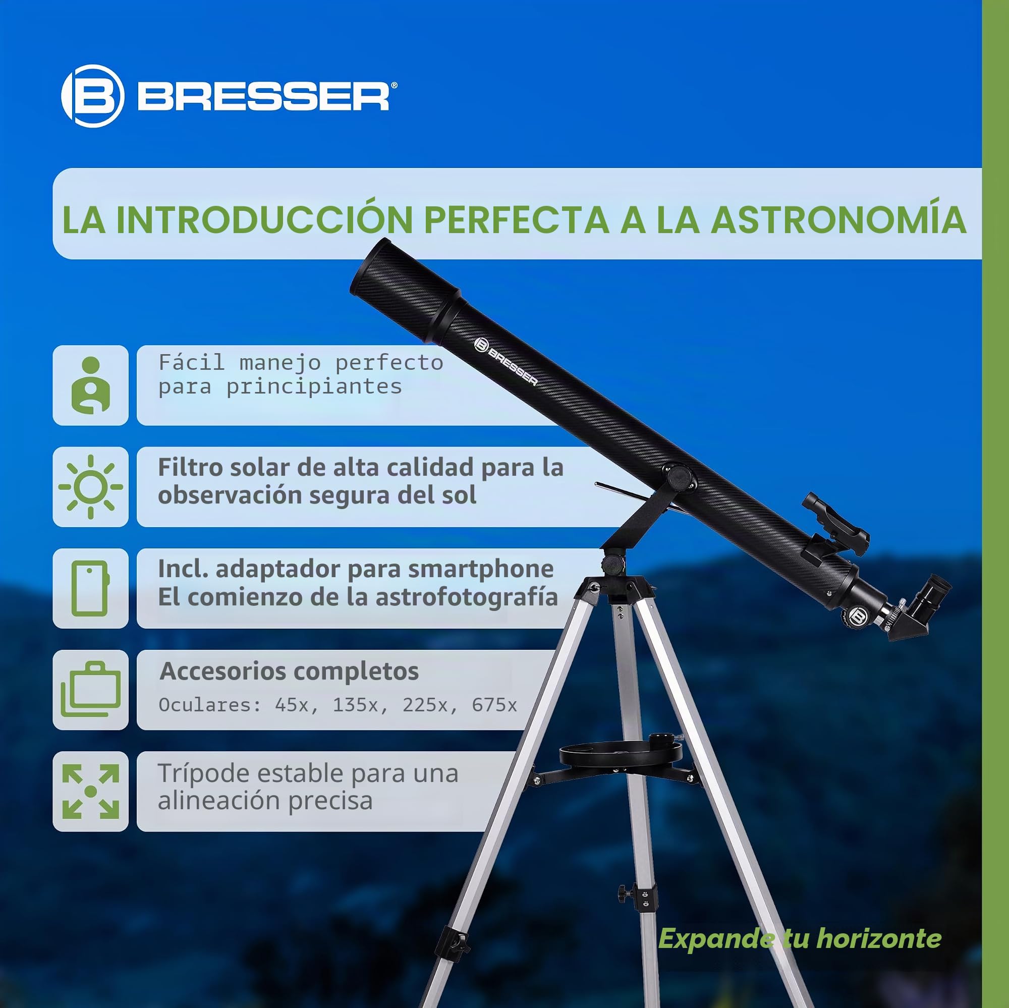 Bresser Sirius 70/900 AZ Telescopio con Adaptador de Cámara de Smartphone
