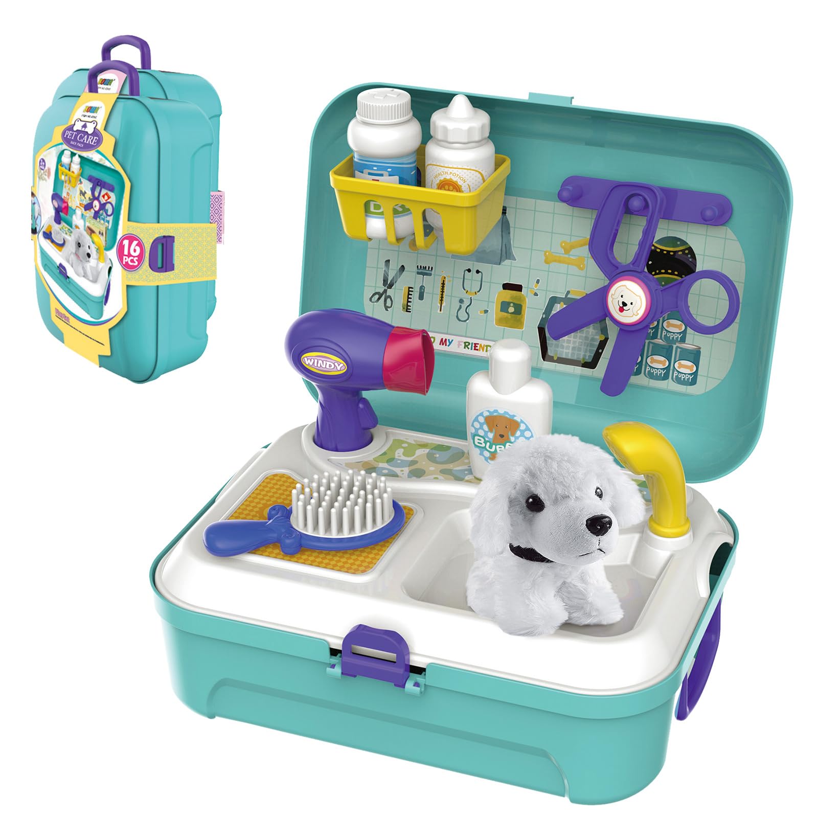 Set de Juegos de rol para el Cuidado de Mascotas Kit de Veterinario para Niños Juguete de Peluquería Canina Kit de Médico Juguete Educativo Regalos para 3 4 5 6 Años Niñas Niños