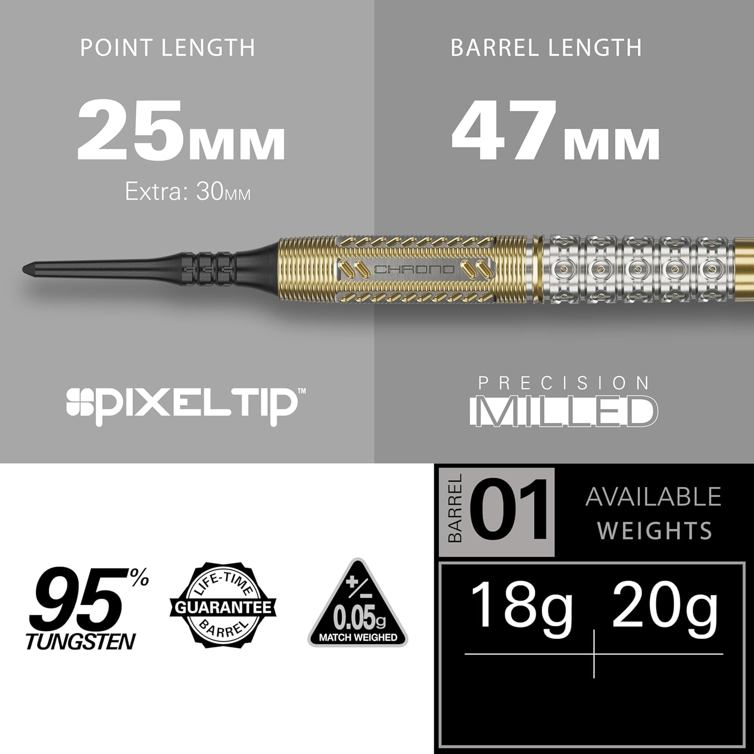 Target Darts Raymond Van Barneveld Chrono Soft Tip Darts, 95% Tungsten Dart Set, 18G/20G, Includes Takoma Wallet & Professional Dart Accessories, Pixel Tip for Electronic Dartboards