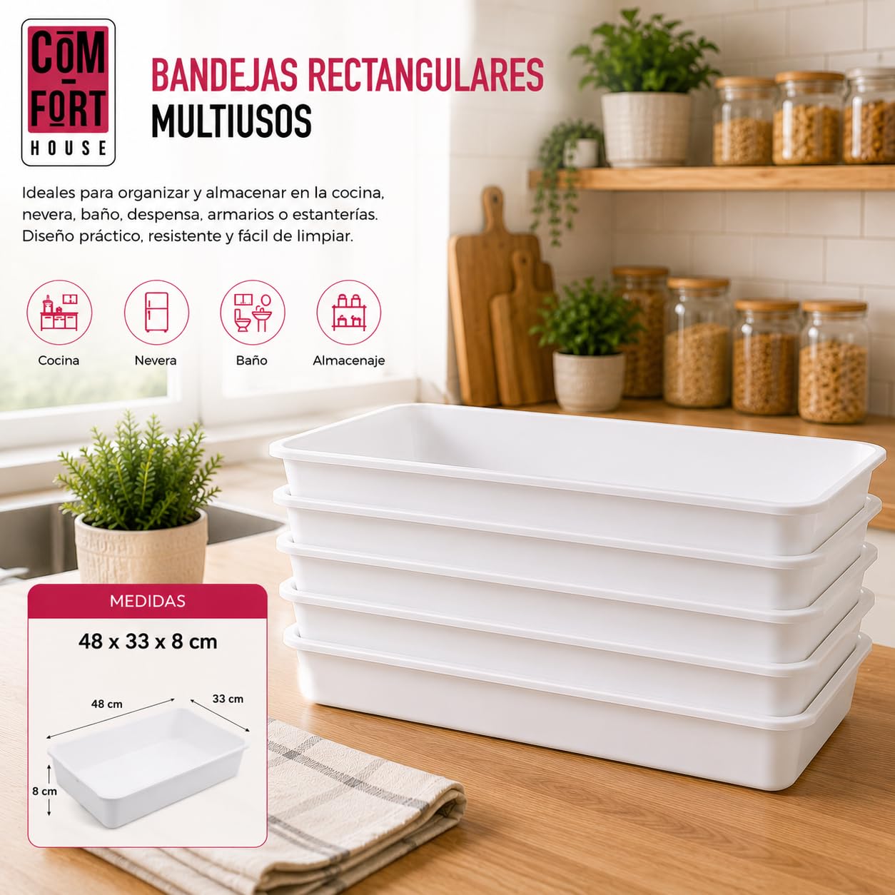 COM-FORT HOUSE Vassoi di plastica o bacinella di plastica rettangolare portaoggetti, bianco, misura 4, 3 pezzi