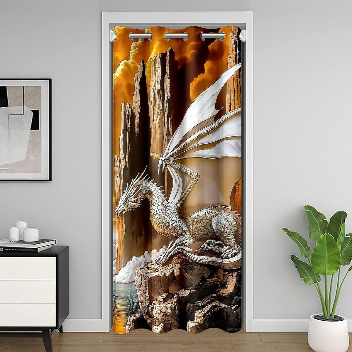 3D Dragon Door Curtain Natural Mountain Landscape Doorway Curtain Western Mystic Fairy Tale Darkening Blackout Curtain Gradual Clouds Drape for Bedroom Privacy 1 Panel 42" W X 84" L