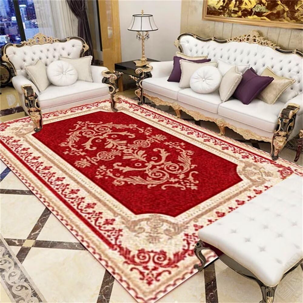 Tapis de salon rouge classique anti-tache et facile à nettoyer 90x150