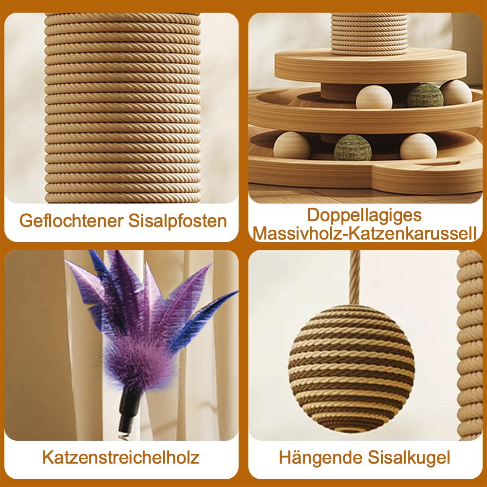 4 in 1 Katzenspielzeug hölzernes, Katze Sisal Seil Kratzbaum mit hängenden Ball, Interaktives Katzenspielzeug mit Kratzbaum für Katzen mit Katzenminze Bälle(29 * 46cm)