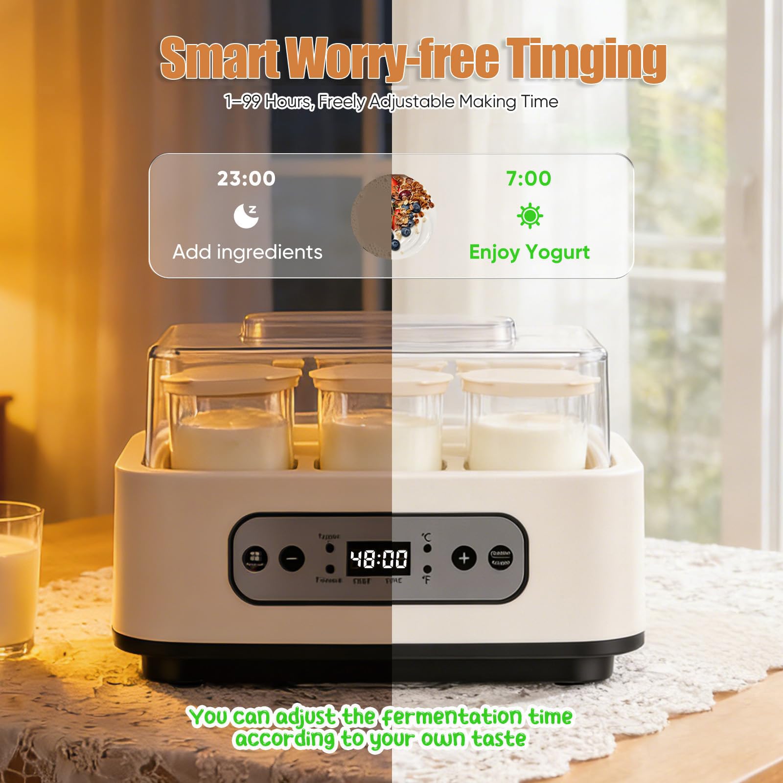 Yogurtera, Máquina Eléctrica De Fermentación De Yogur De 20W con 6 Frascos De Vidrio De 250 ml, Control De Temperatura Y Temporizador, Yogurtera Multifuncional para Vino De Arroz Casero Y Postres