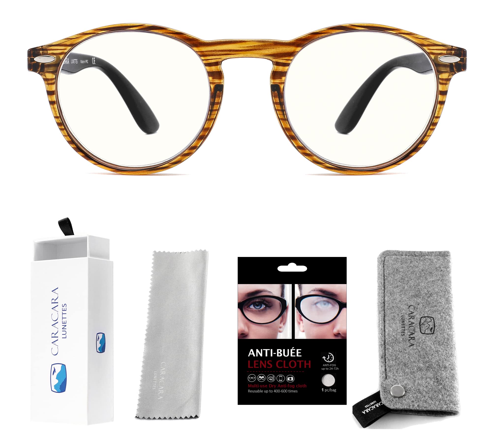 Caracara Lunettes Anti lumière bleue - Lunettes loupe de lecture - ANTI BUÉE OFFERT - Lunettes de lecture avec accessoires - Lunettes de vue Femme et Homme (Striped, Grossissement +2,00)