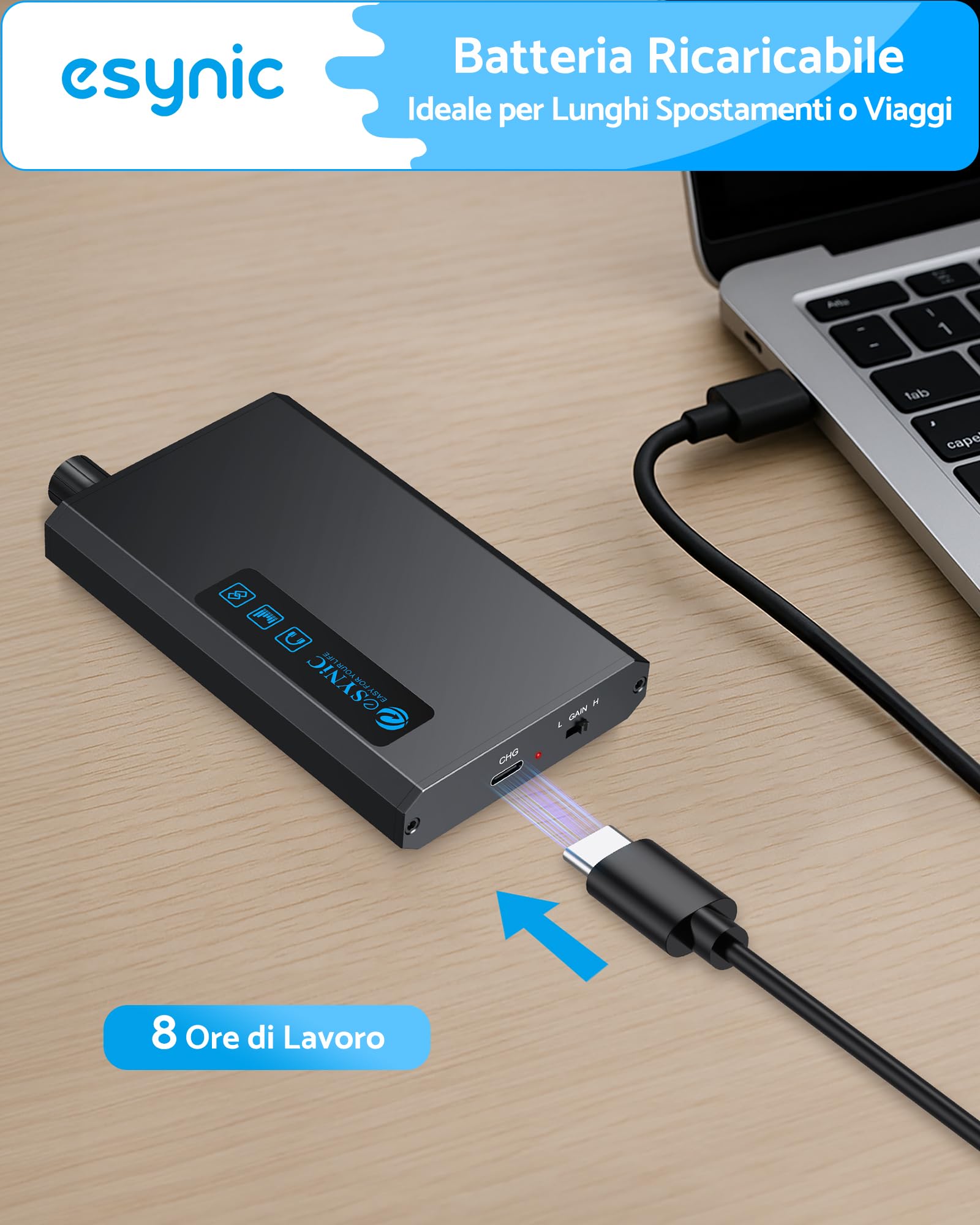 eSynic HiFi Amplificatore per Cuffie con Ricevitore Bluetooth 5.1, Impedenza 16-300Ω, 2 Livelli di Guadagno, Batteria Ricaricabile 1500mAh con Cavo USB-C e Cavo Audio, in Alluminio per MP3 Smartphone