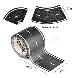 PlayTape Road Tape and Curves for Toy Cars - 1 Roll of 30 ft. x 2 in. Asphalt Road + 1 Roll of 36 Curves
