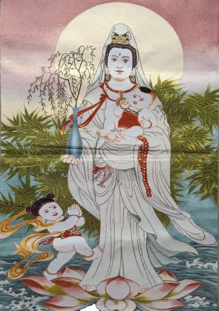 Thangka Silk Embroidery Tibetan Buddhism Sending Child Kwan Yin Tangka Guanyin Avalokitesvara Wall Hanging For Home Decor Tapest