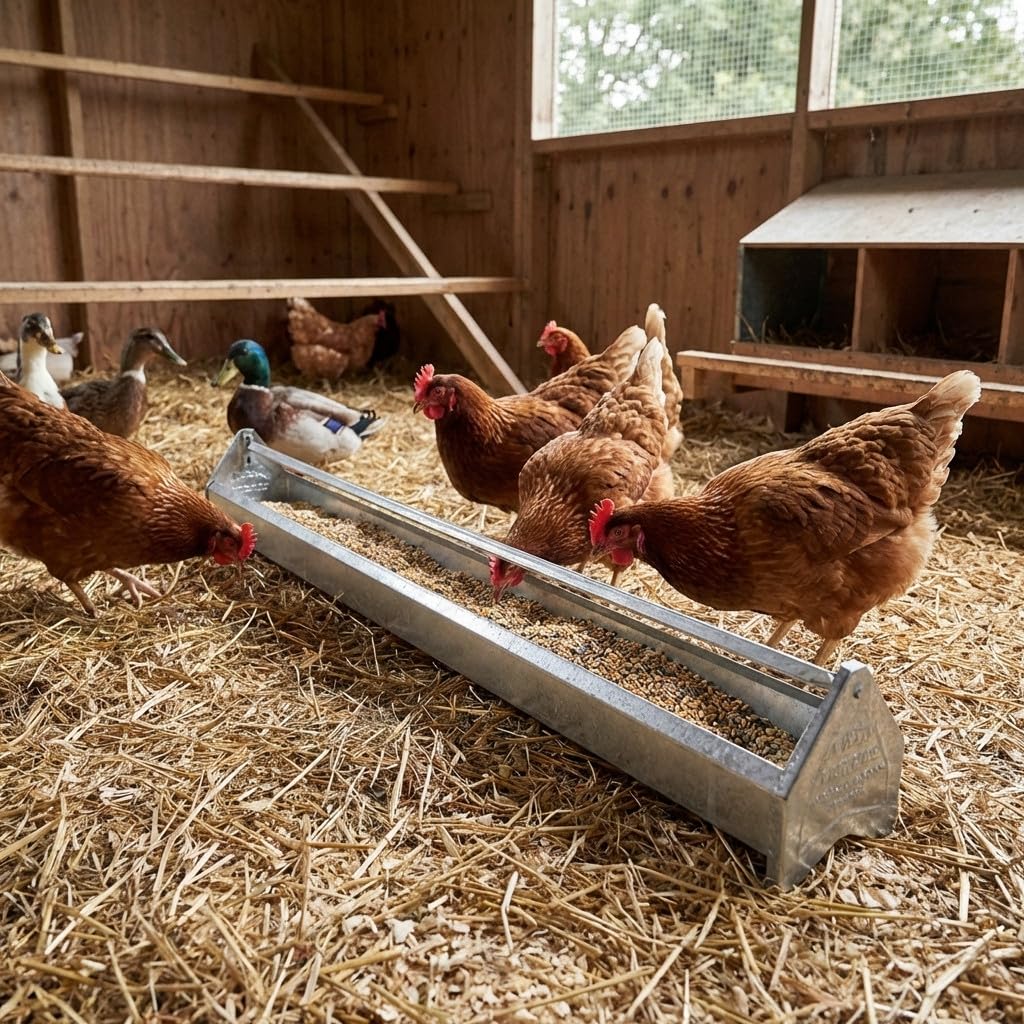 Suinga Set di 4 Mangiatoie in Metallo per Galline | Griglia 100x10x13 cm | Sistema Anti-Posatoio | Anti-Spreco con Mulino Rotante | Ideale per 24 Polli