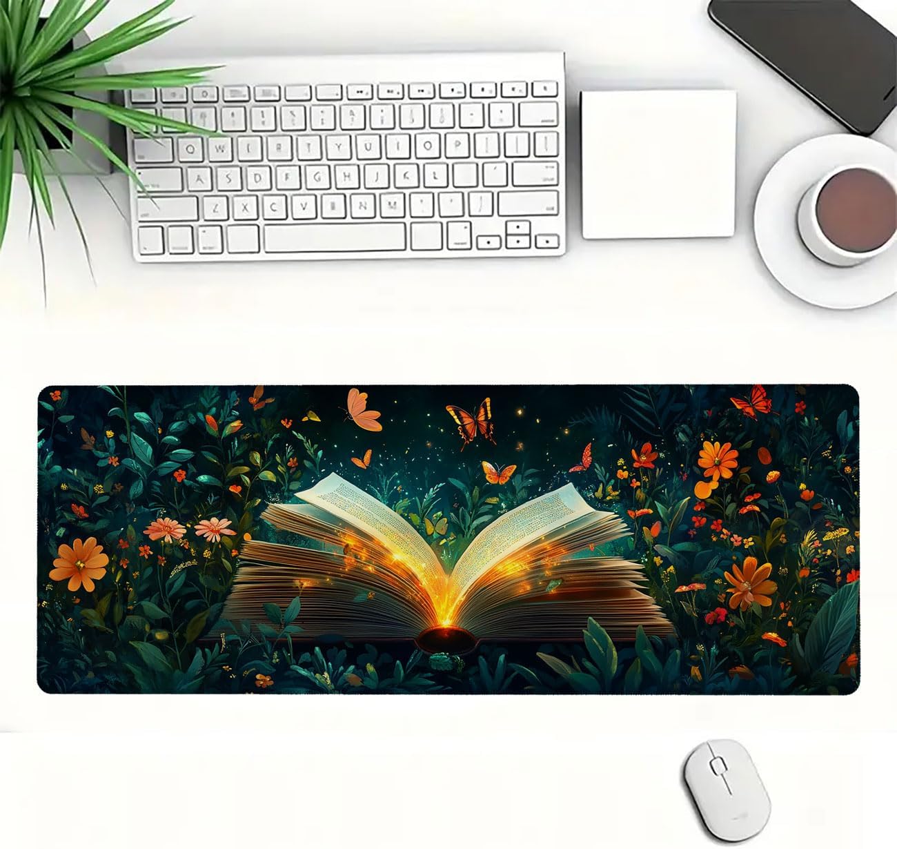 Book Desk Mat Greenery Vibrant Flowers Butterfly Extended Gaming Mouse Pad Mat with Stitched Edge Non-Slip Base Big Mouse Pad Office Computer Keyboard Laptop Home, 31.5x11.8 Inch - Image 2
