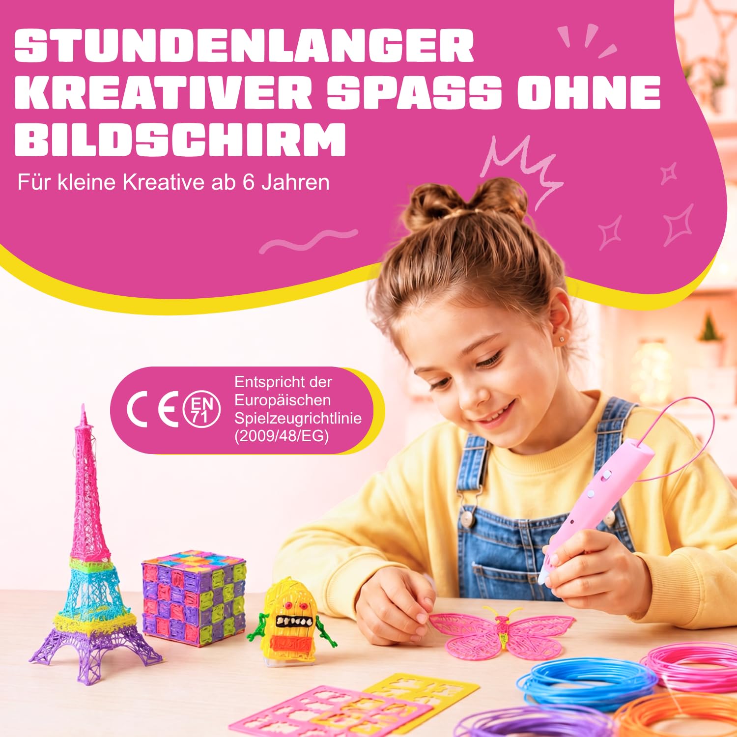 3D Stifte für Kinder ab 6 Jahre – Drahtloser 3D Stift mit 60m PCL Filament, USB-C, Niedrige Temperatur, Vorlagen & XL Koffer – 3D Pen Starterset für Mädchen und Jungen (Rosa)