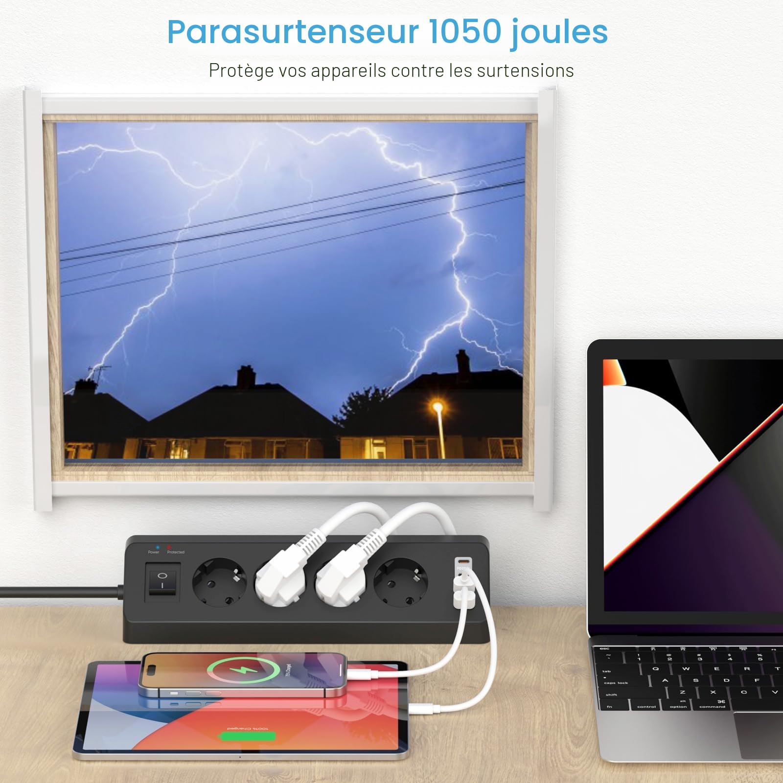 Prise d'angle 4 Compartiments avec USB C(PD 20W), SUDEERY multiprise 8 en 1 4 Prises USB Multiples avec Interrupteur, multiprise avec Protection Contre Les surtensions avec câble 2M pour la Cuisine