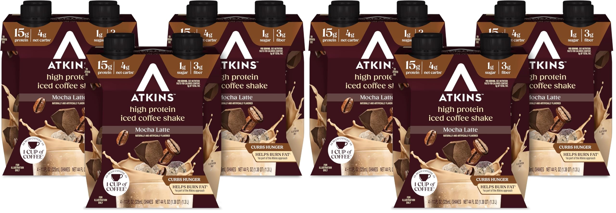 Atkins Mocha Latte Iced Coffee Protein Shake, 15g Protein, 4g Net Carb, 1g Sugar, 24-Pack (11 fl oz each) - main product image