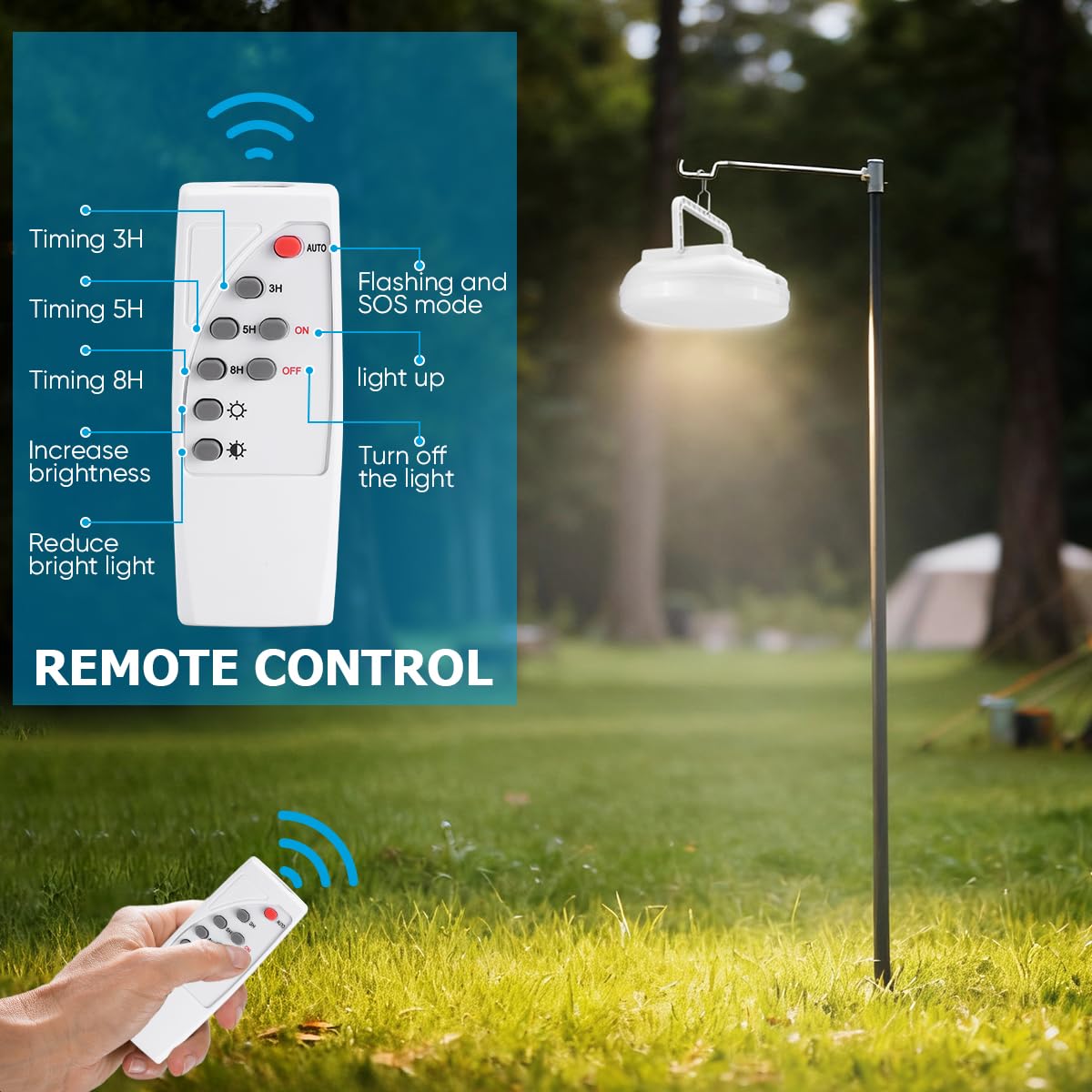 Lampada da campeggio LED solare con telecomando, lanterna da campeggio ricaricabile tramite USB, ultra luminosa 4500 lumen, 5 modalità di illuminazione per escursioni all'aperto e campeggio