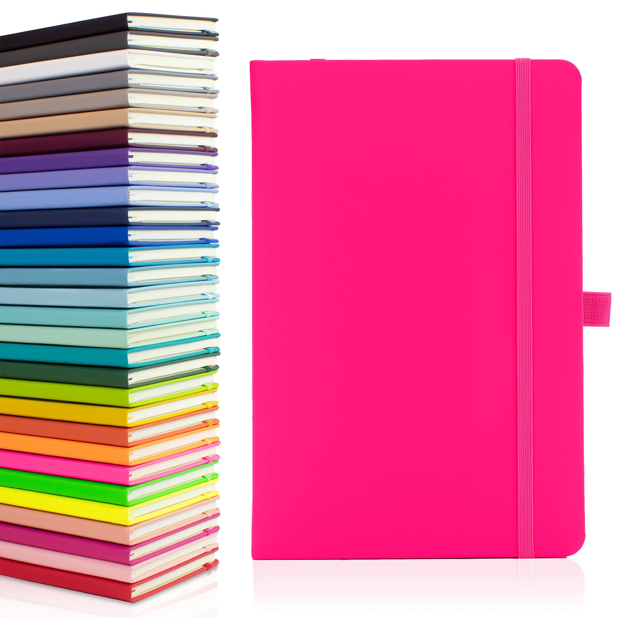 Notes London Eco A5 Notizbuch mit linierten Seiten, Stiftschlaufe, Band, Datumsmarkierungen und Papiertasche, mittleres gebundenes Tagebuch, fluoreszierendes, nachhaltig angebautes Papier (Neonrosa)