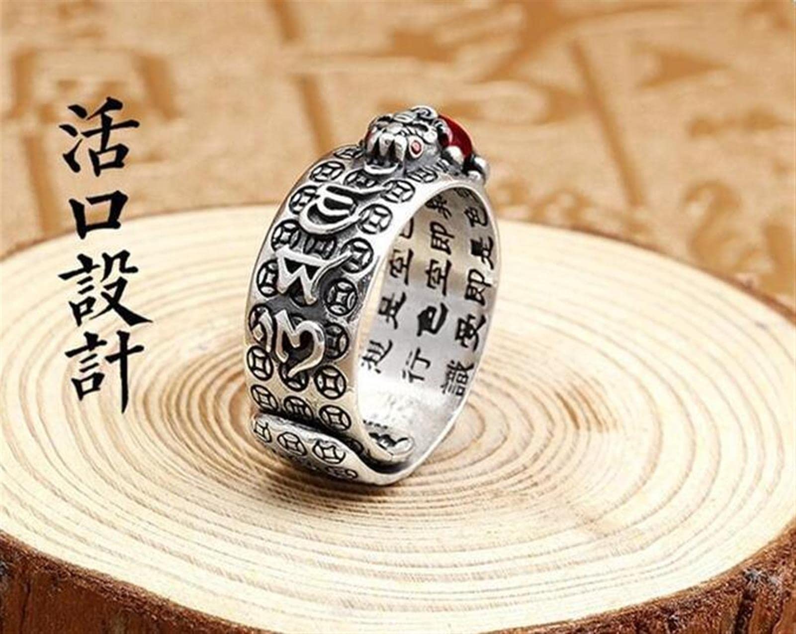 Feng Shui Pixiu Mantra Ring 99 Silver Buddhist Good Luck Amulet Mantra Double Protection Wealth Love Health Ring Gift for Men Women