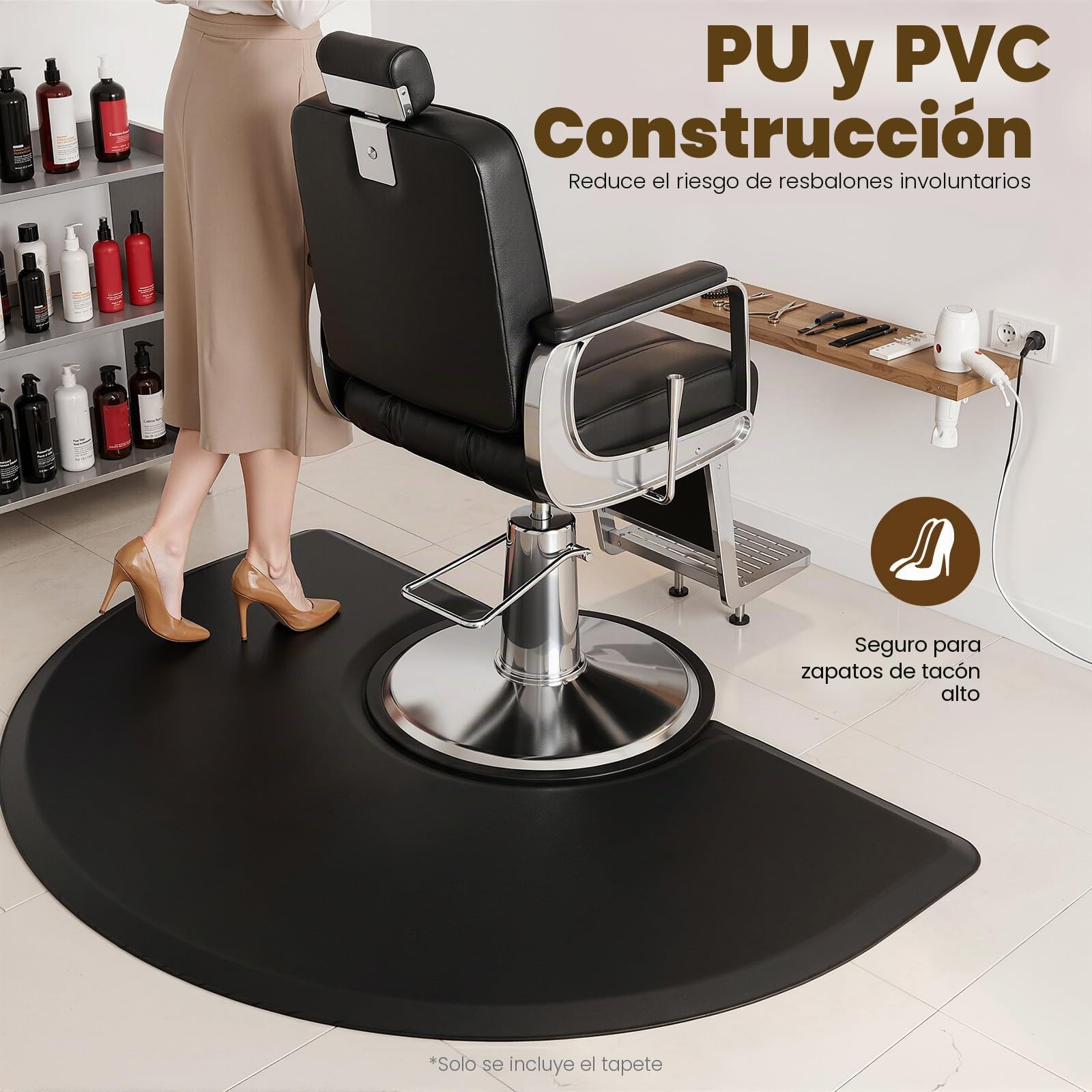 Alfombra antifatiga para salón de peluquería, alfombra con absorción de golpes, 3 x 5 pies para peluquería y sillas de salón (negro - semicircular)