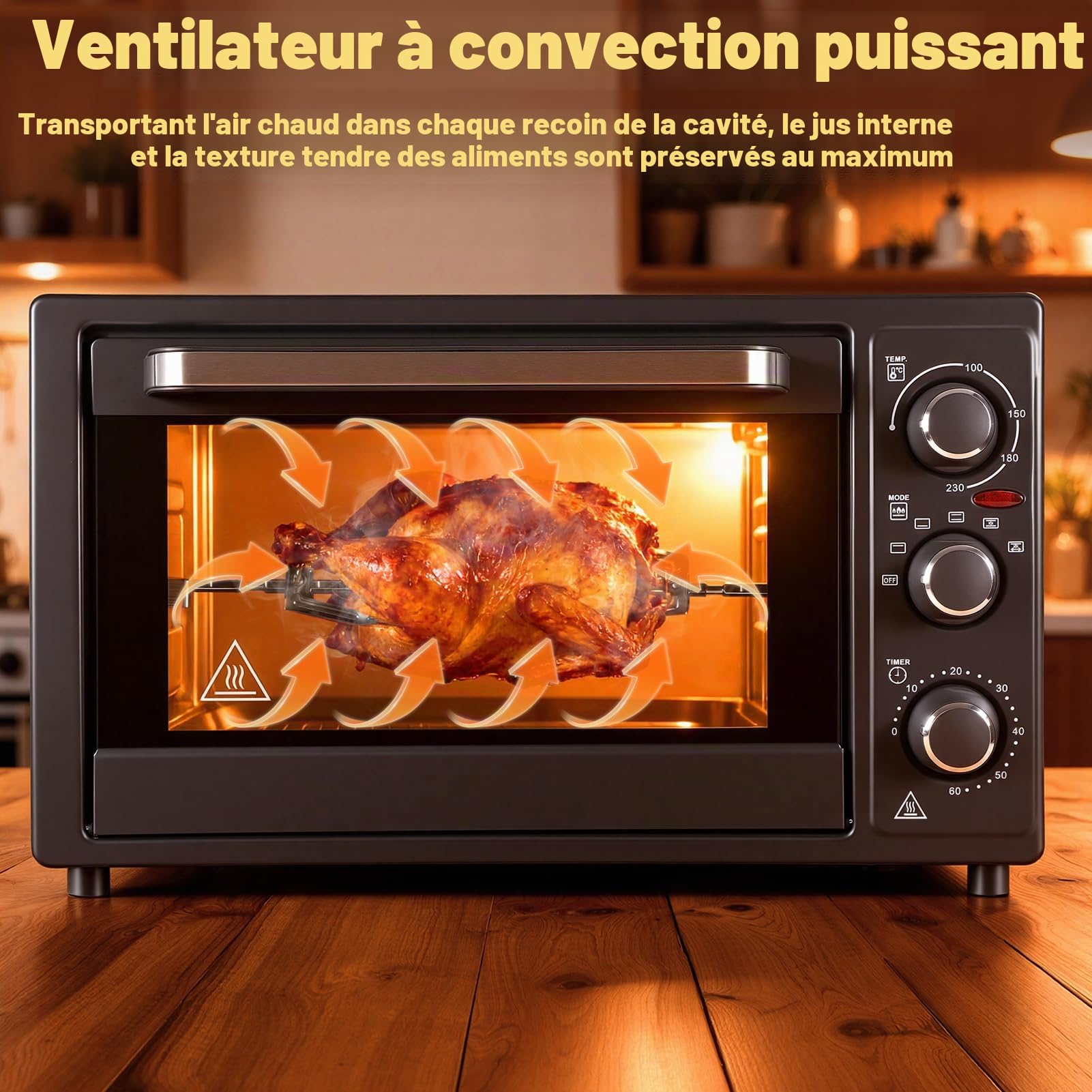Mini Four Electrique 32L, Four Posable Cuisine, Four Convection Chaleur Tournante 1500W, Four Multifonction Rotisserie Tournebroche, Minuterie 60 Min, Temperature Reglable (Noir)