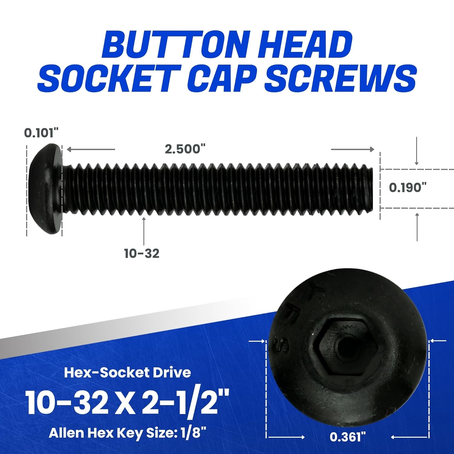 Fastenere Button Head Socket Cap Screws - 10-32 x 2-1/2" (25-Pcs) Alloy Steel, Fully Threaded, Fine Black Oxide Finish, Corrosion-Resistant, Machine Thread, Easy to Install w/Allen Hex Drive