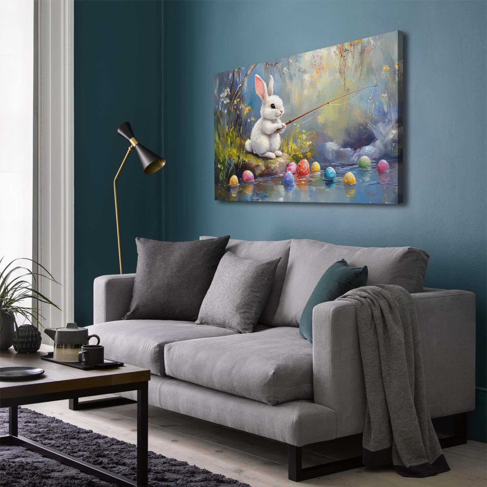 YUNART Zabawna dekoracja pokoju wielkanocnego, królik, ryby, na jajka wielkanocne nad strumieniem, płótno, druk artystyczny, w stylu vintage, plakat gotowy do zawieszenia, 40 x 60 cm, rama wewnętrzna