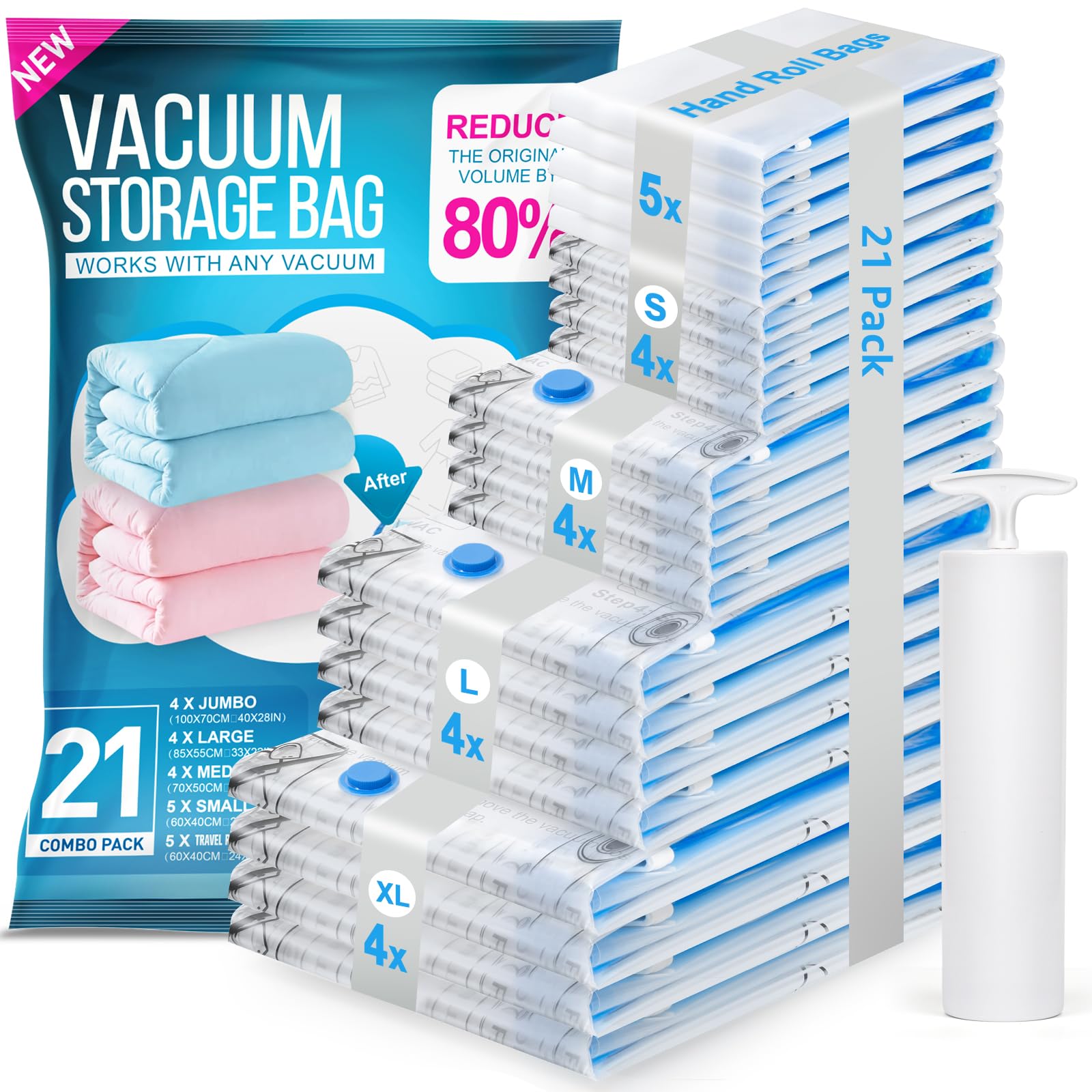 BoxLegend Lot De 21 Sac Sous Vide Vetement Aspirateur, Housse de Rangement Sous Vide Vetements 4XL+4L+4M+4S+5 Roulé à la Main Sacs à Vide Convient Pour Voyages Literie édredons Couette Rangement