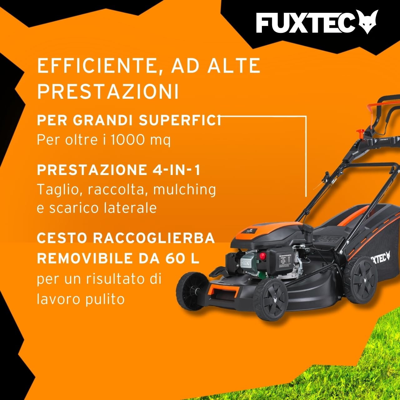 FUXTEC Tagliaerba a scoppio semovente RM5170eS 4in1-4 CV,Tosaerba a benzina 4 tempi trazionato avviamento elettrico,Larghezza di taglio 51cm - cesto raccoglierba 60L,mulching scarico laterale