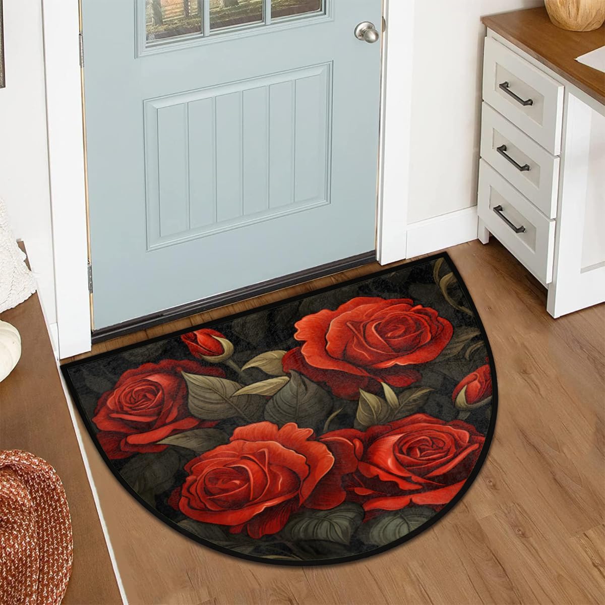 Valentine's Day Red Rose Leaf Half Round Door Mat Non-Slip Welcome Entryway Soft Area Rug Absorbent Bathroom Rugs Wear Resistant Indoor Kitchen Mats 24 x 36 in for Home Deck Patio Garage