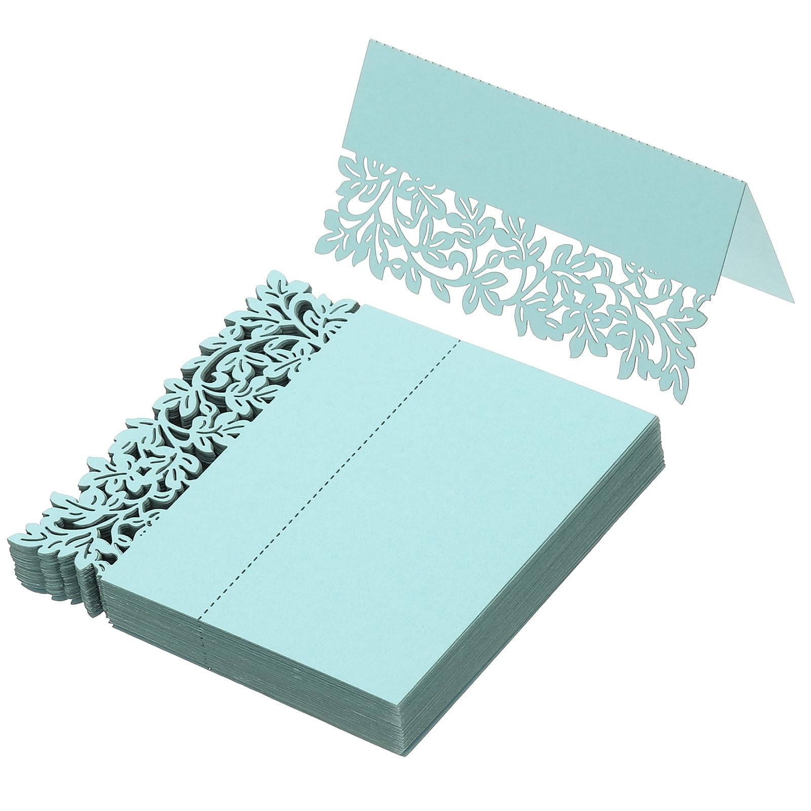 PATIKIL 50Pcs Wedding Place Cards, Laser Cut Leaves Table Place Card Folded Tent Card Name Cards for Table Setting Wedding Reception Buffet, Light Blue