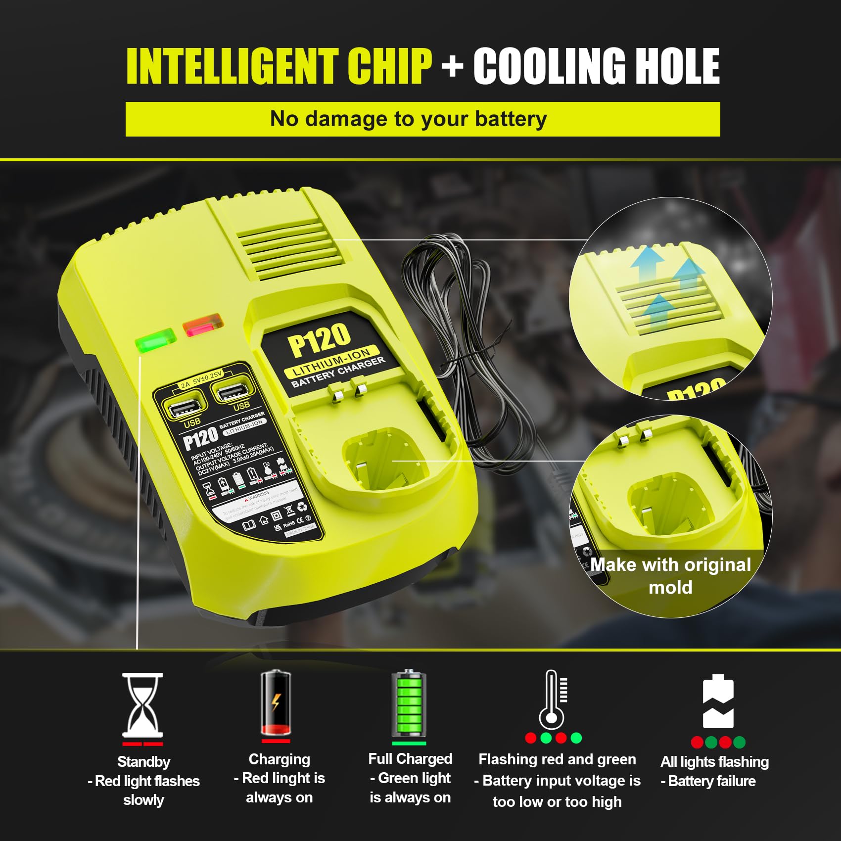 Replacement Ryobi P117 Dual Chemistry Charger Li-ion & Ni-cad Ni-Mh Battery Charger 12V 18V MAX For Ryobi One+ Plus Battery P100 P102 P103 P105 P107 P108 1400670 P117 P118 Ryobi Charger