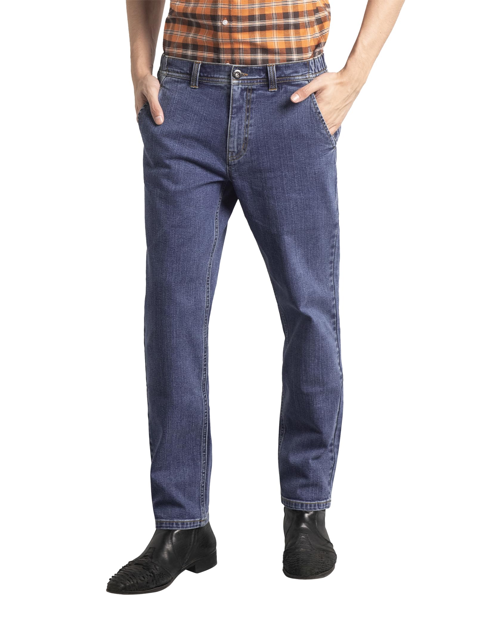 Enorsia Men's Blue Denim Elasticated Waist Straight Fit Jeans - Size 36
