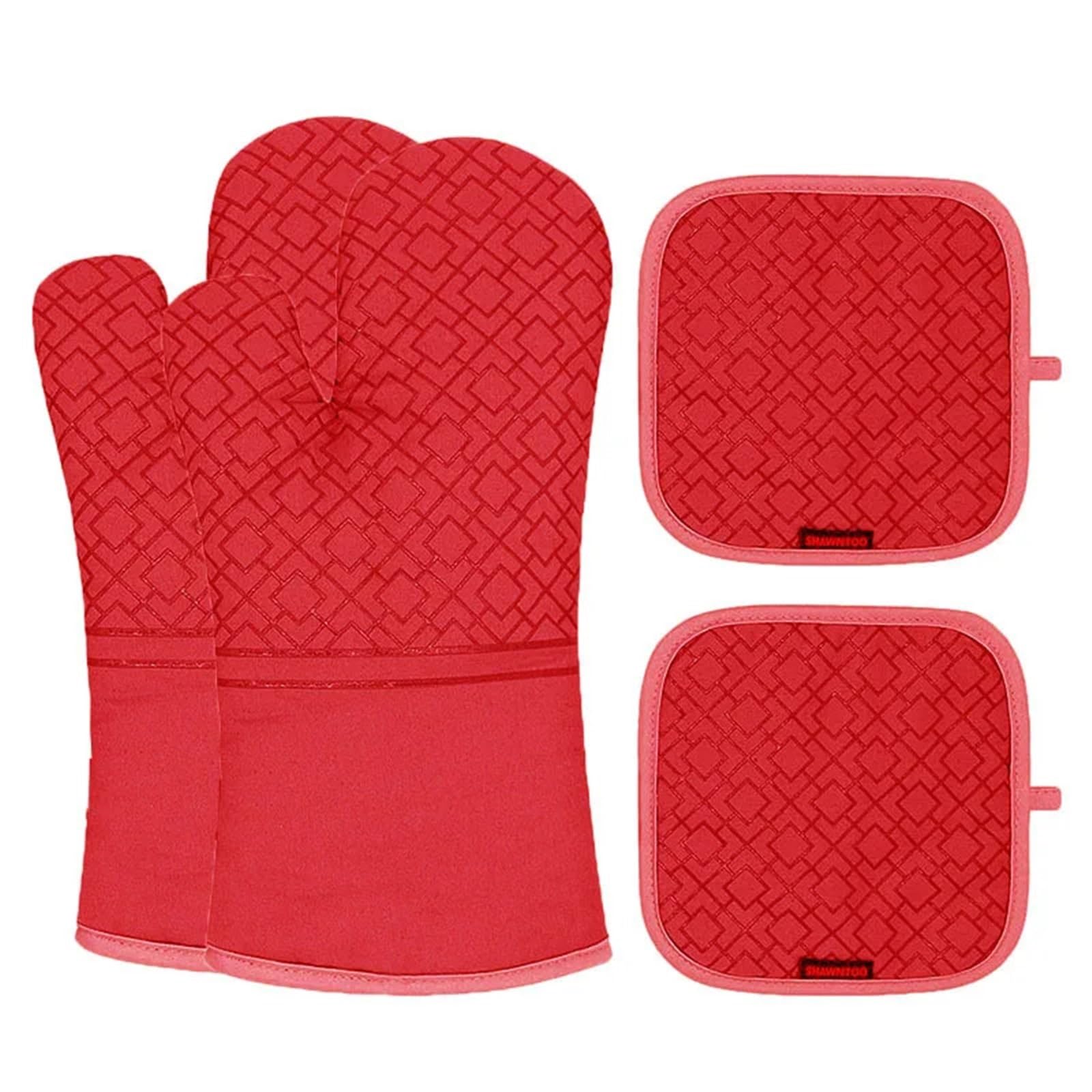 Oven Gloves Kitchen Glove Oven Mittens and Pot Holders High Heat Resistant Extra Long Supplies bbq Utensils for Baking Microwave for Your Kitchen(Red Set)