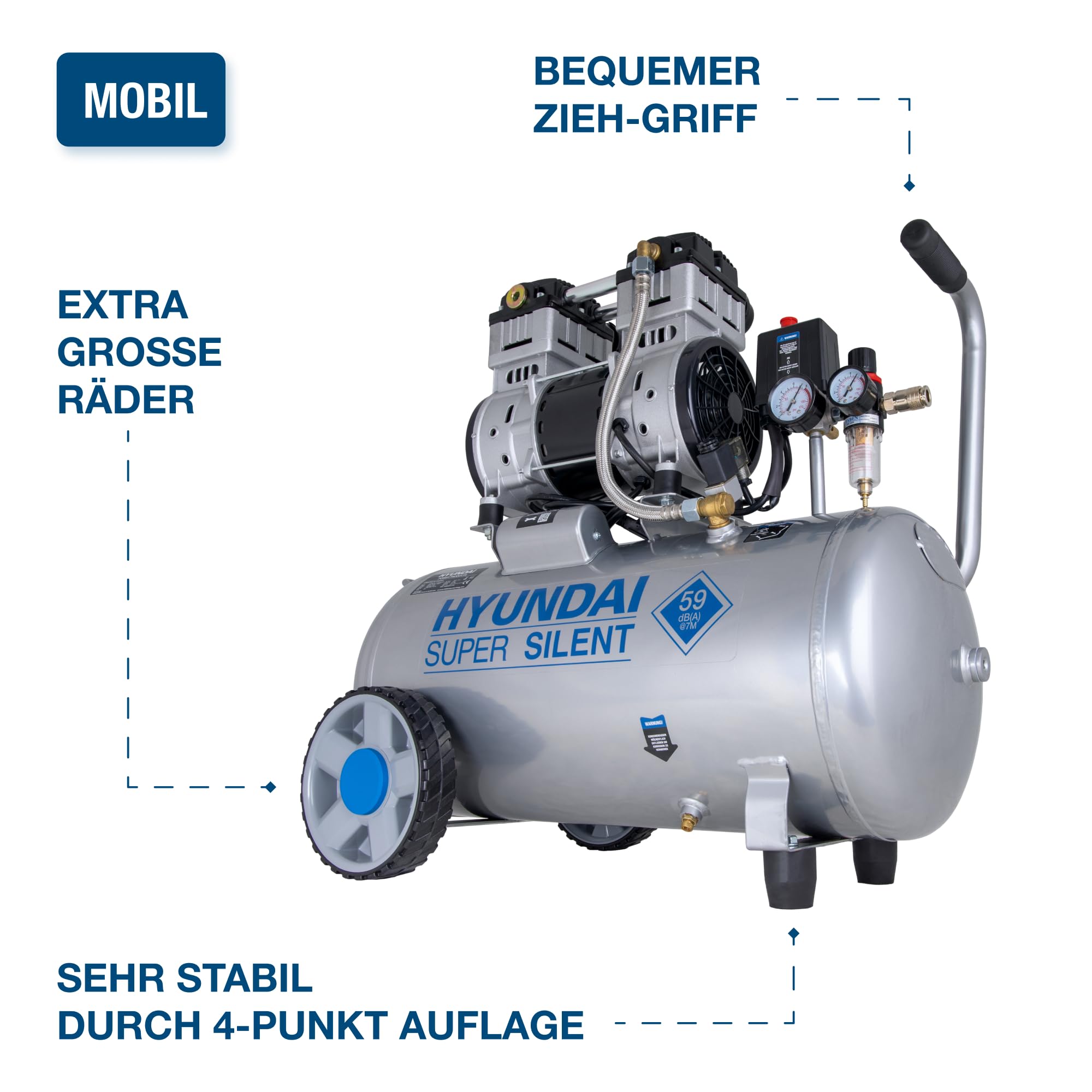 HYUNDAI Silent Kompressor SAC55753 | 50L Kessel, 8bar, ölfrei | 1.5kW / 2.0PS | Ansaugleistung 232 L/Min | Öl-Wasserabscheider | 59dB Luftkompressor leise, Flüster-Kompressor