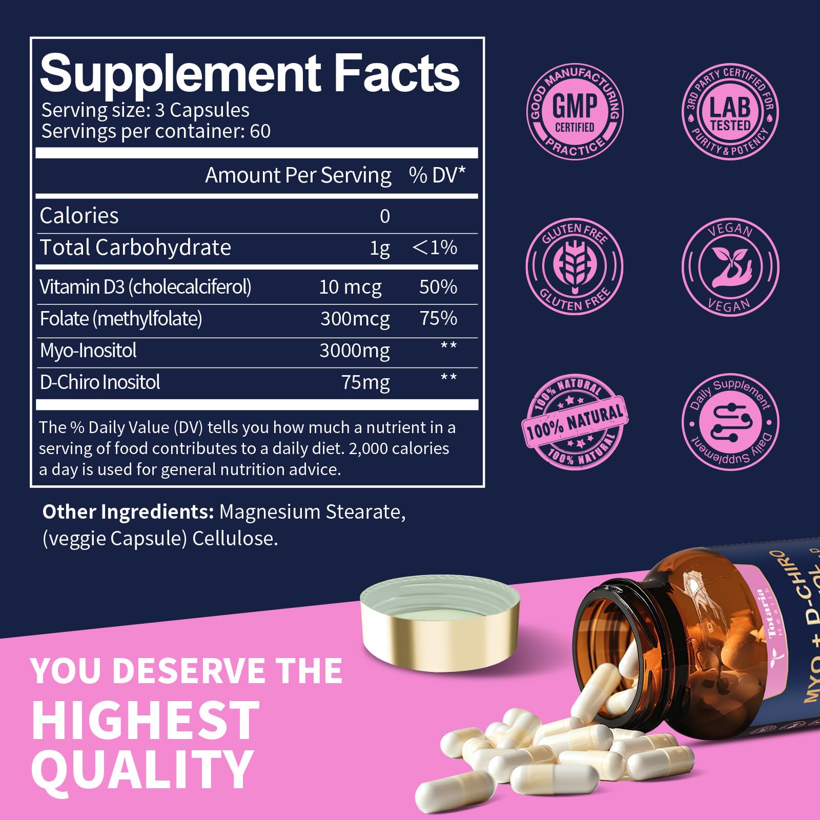 Totaria Inositol Supplement for Women with Vitamin D3, Folate, 40:1 Ratio Myo-Inositol & D-Chiro Inositol Complex, (Vitamin B8) Inositol Capsules, 180 Capsules, 60 Servings, 2 Month Supply — Amazon image 4
