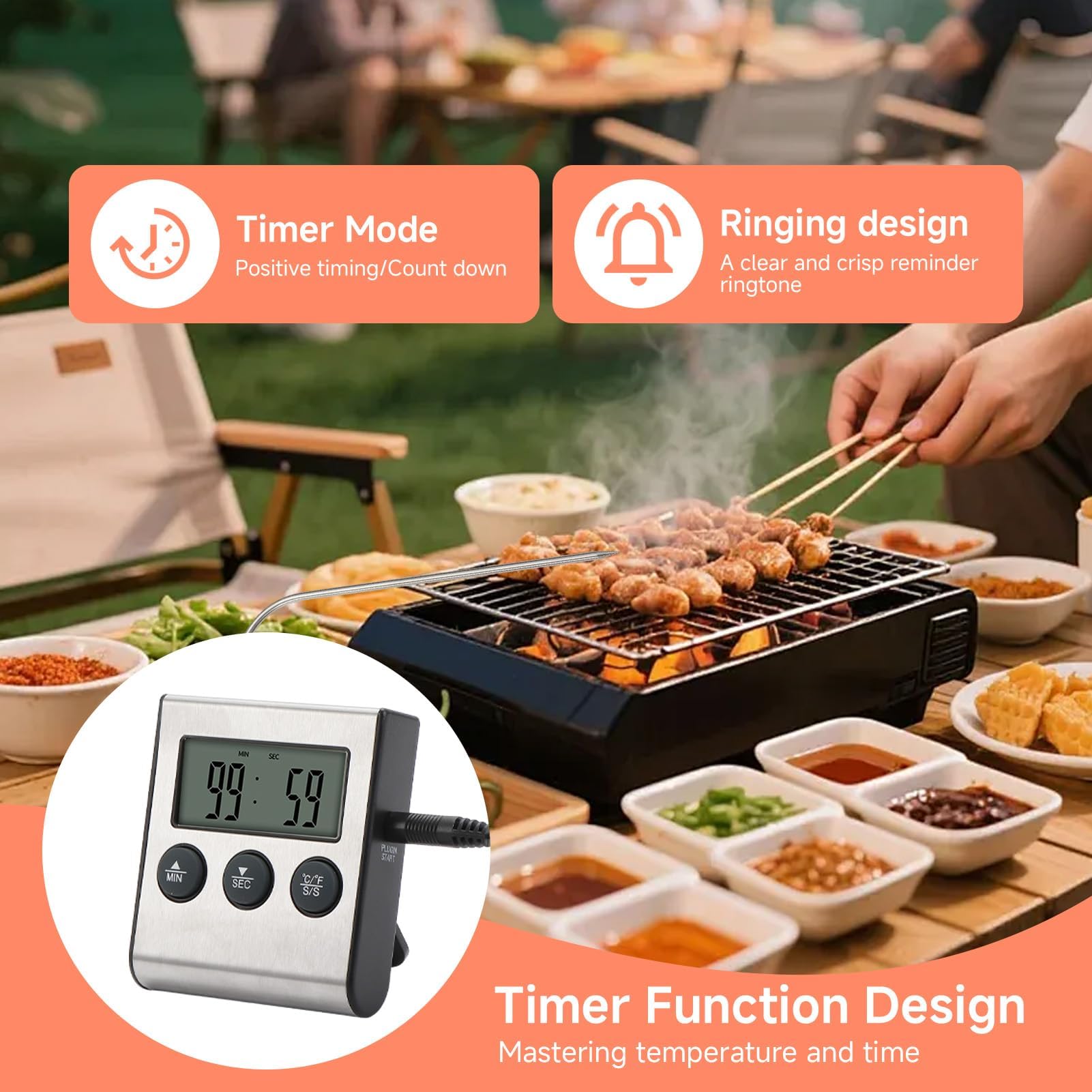 Termometro Cocina Digital Lectura Instantáneo, Meat Thermometer con 2 Sondas 100cm LCD Retroiluminada Alarma Sonora para Carne Horno Parrilla Freidora Aire Vino Cerveza Líquidos Aceite Barbacoa