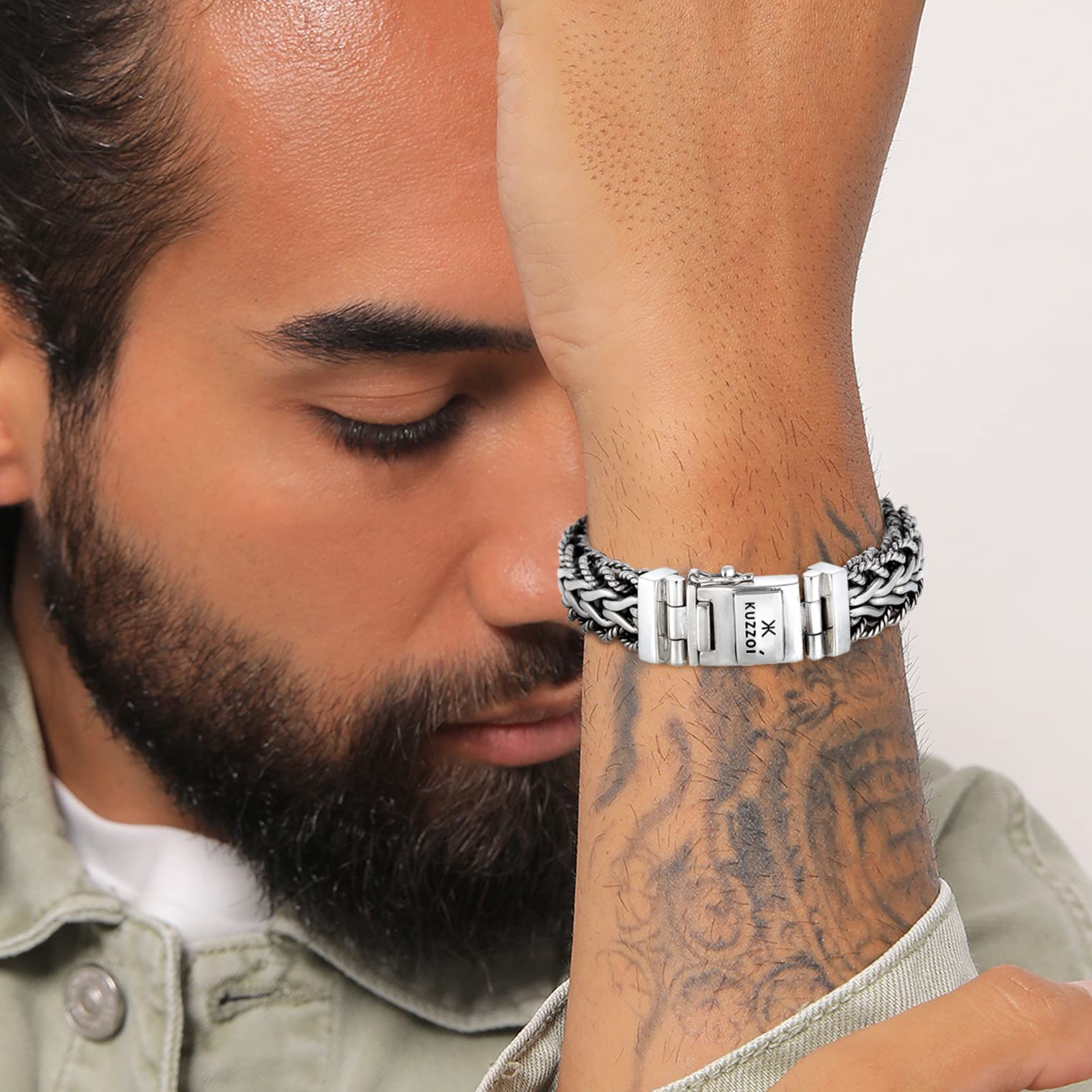 Kuzzoi handgefertigtes Silber Panzer-Armband aus massiven 925 Silber 15 mm