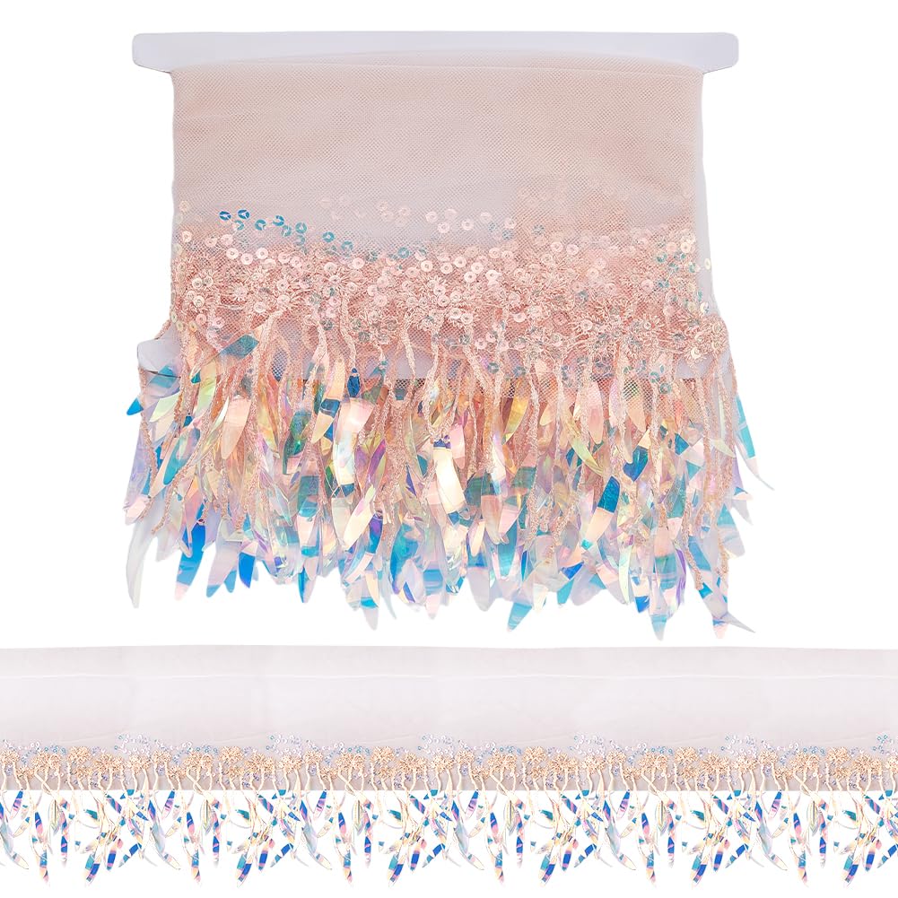 GORGECRAFT 1.8M Mesh Sequins Lace Trim Embroidered Ribbon Fabric 29cm Wide Polyester Tassel Fringe Bling Beaded Metallic Sequin Fabric Trims for Sewing Clothing Wedding Dress Stage DIY Crafts