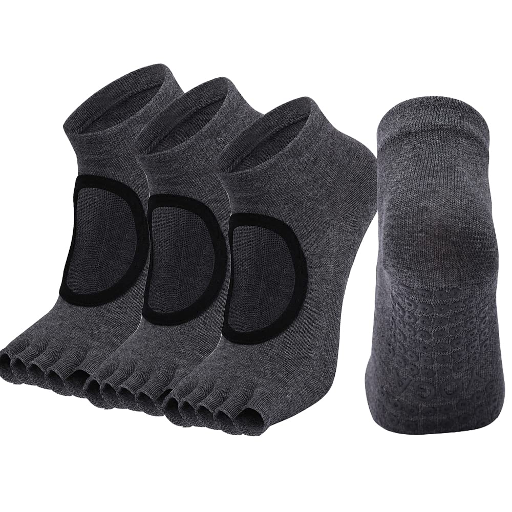 POKEAT 2Pair Professional Five Finger Yoga Socks Women Breathable Anti Slip Pilates Socks Fitness Toeless Open Toe Socks for Ballet Dance,Gray