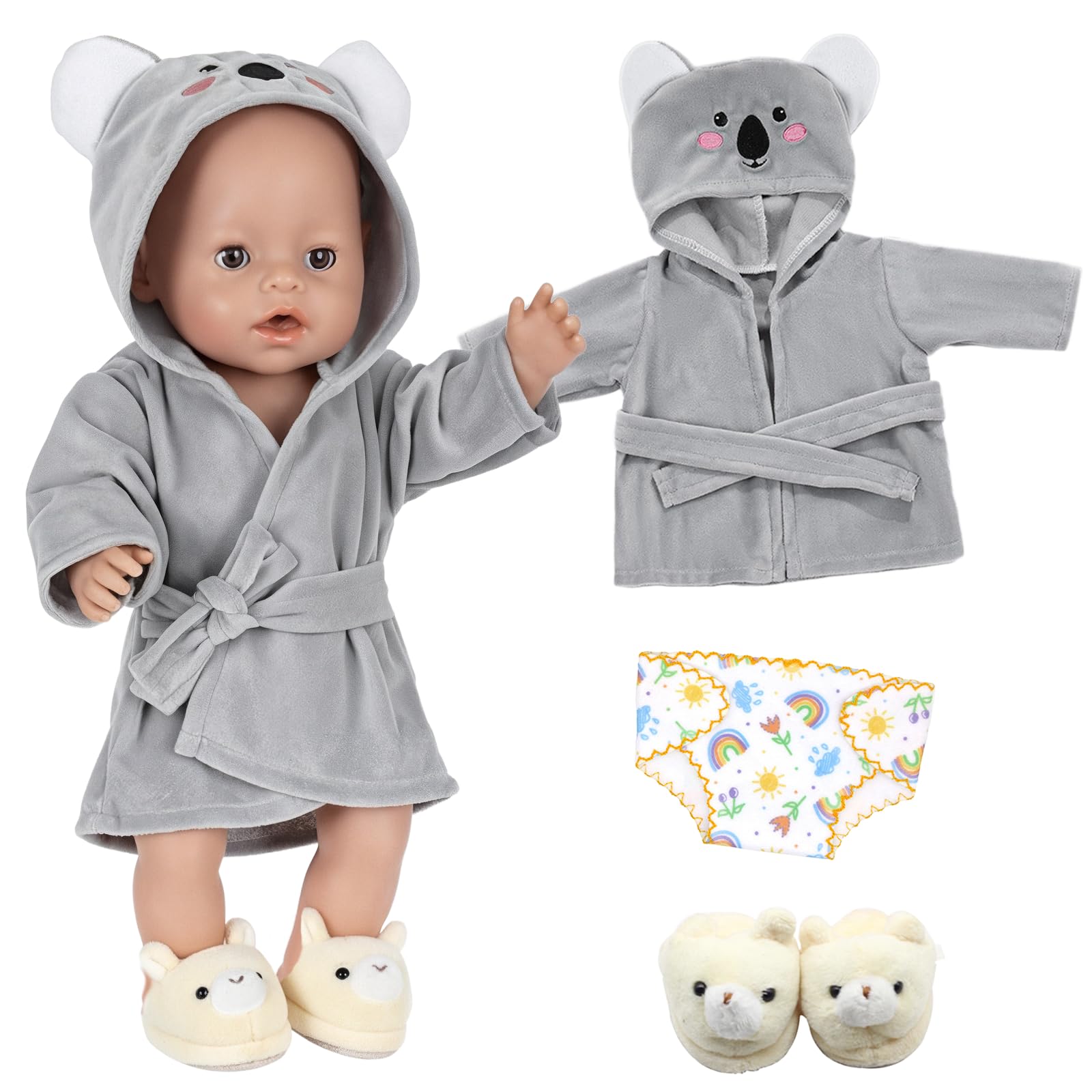 NewBorn Baby Doll Clothes for 14-18 Inch Doll, Grey Koala Sweet Dolls Clothes with 1 Nightgown Underpants Slippers for 35-45cm Dolls, Soft Fashion Outfit GIft for Kids Exercise Hand Eye Coordination