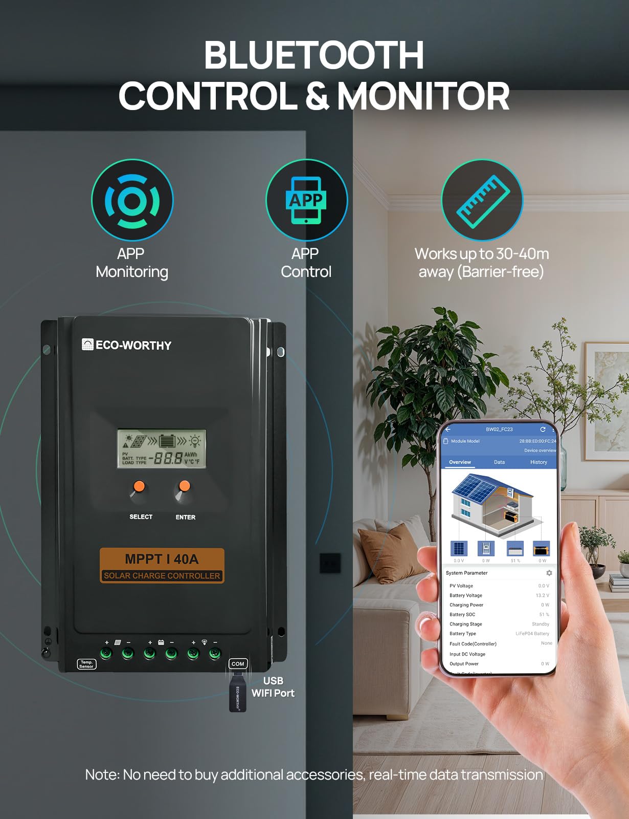 ECO-WORTHY Regulateur de Charge Solaire MPPT 40A, 12V/24V Contrôleur de Charge Solaire avec écran LCD, Moniteur d'application Bluetooth et RS485, 99 % d'efficacité pour Batterie lIFePO4 GEL SLA FLD