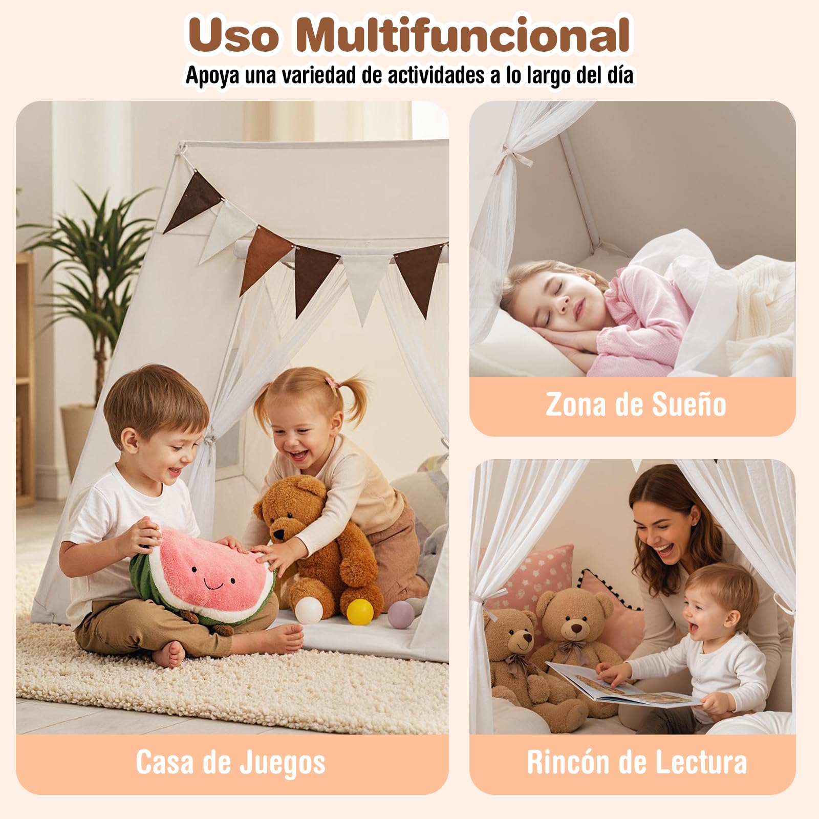COSTWAY Tienda Campaña Infantil, Casita Infantil Interior con Alfombra Acolchada Lavable, Banderas Coloridas, Casita Niños Tela para Niños de 3+ Años, para Rincón de Lectura, Sala de Juegos