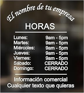 Spanish Español Business Hours Store Company Fully Custom Personalized Glass Door Window Storefront Professional Sign Decal Stencil