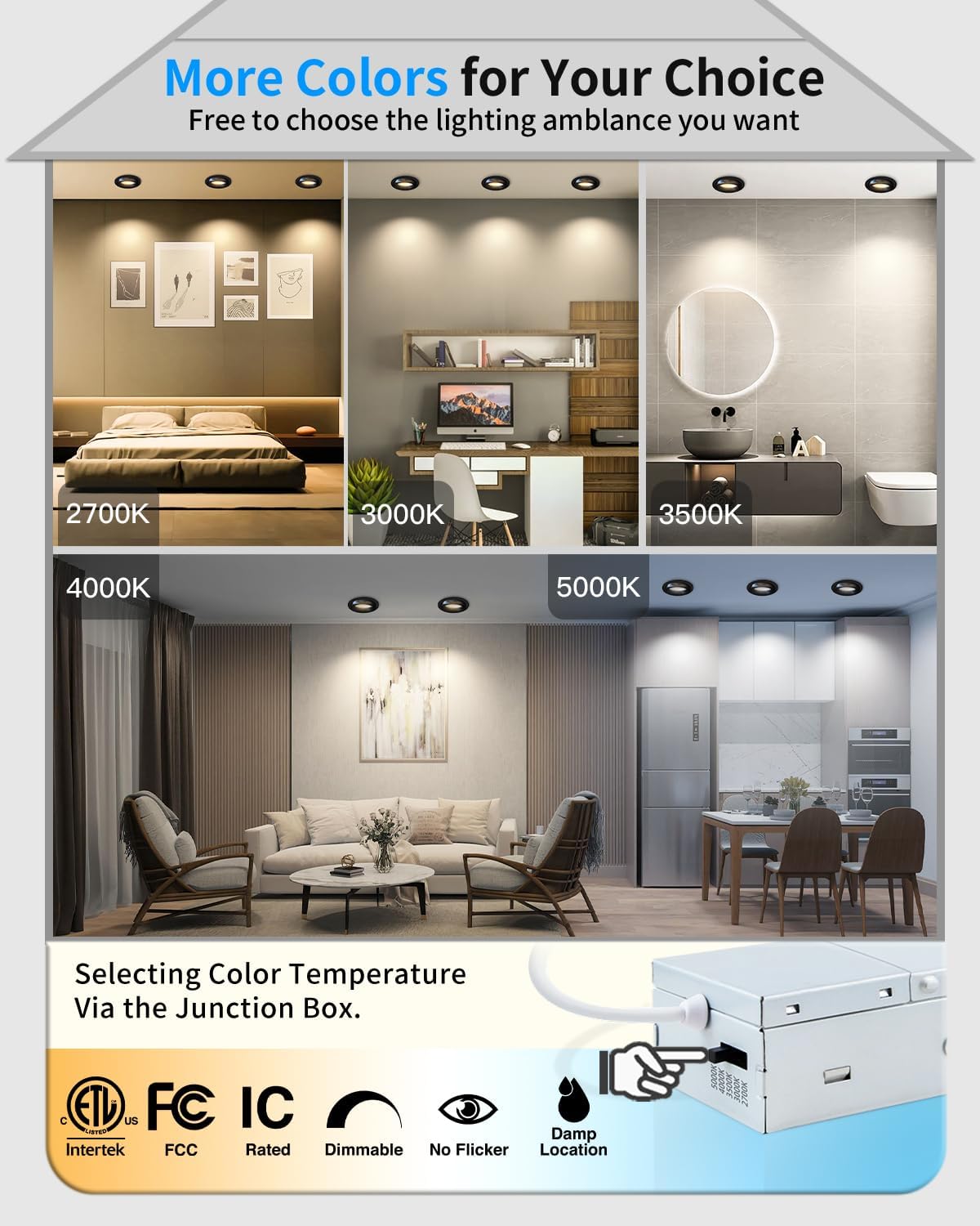 Iluminación empotrada LED Adetu de 3 pulgadas, giratoria, 360°+90° ajustable, luces LED direccionales, 2700K/3000K/3500