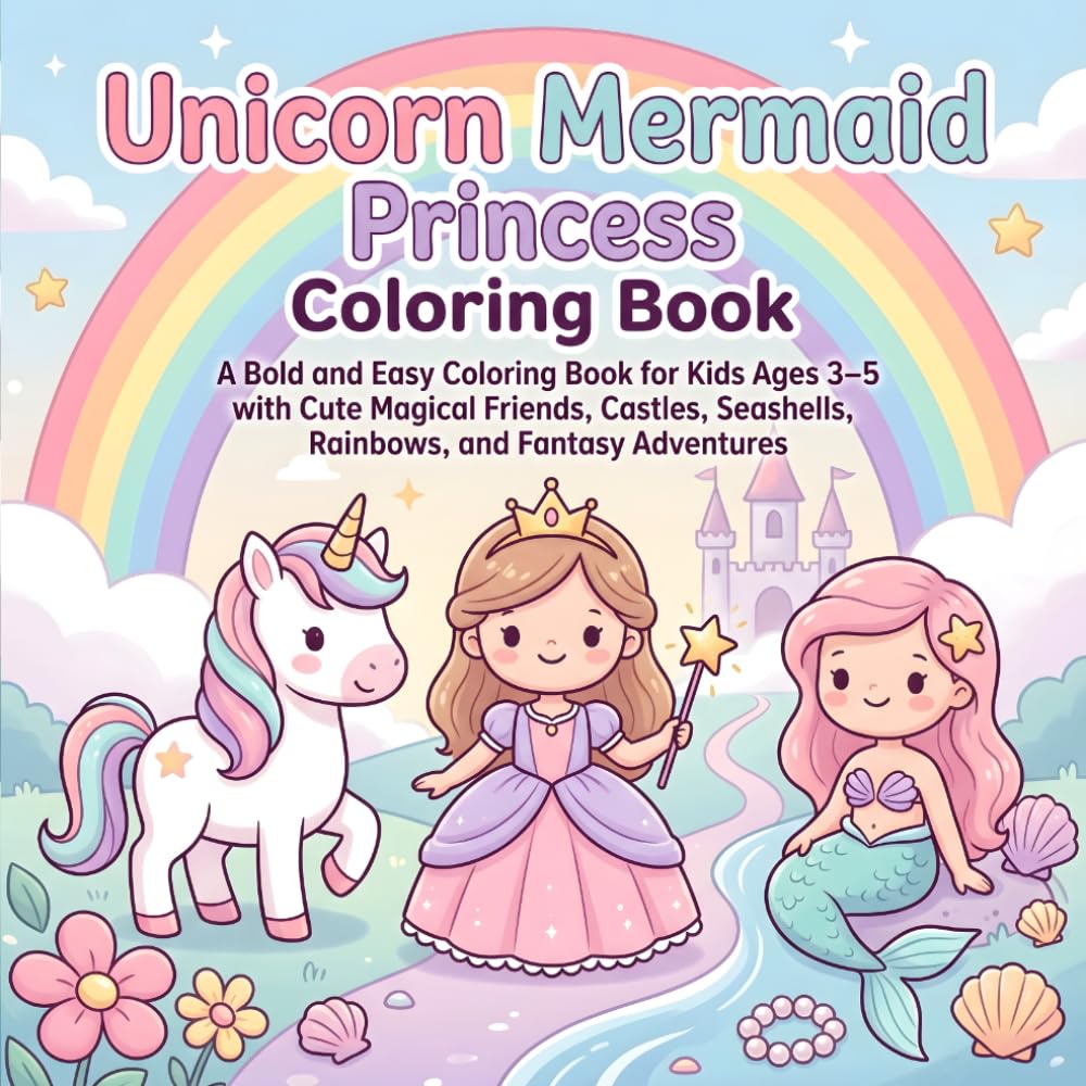 Unicorn Mermaid Princess Coloring Book: A Bold and Easy Coloring Book for Kids Ages 3–5 with Cute Magical Friends, Castles, Seashells, Rainbows, and Fantasy Adventures
