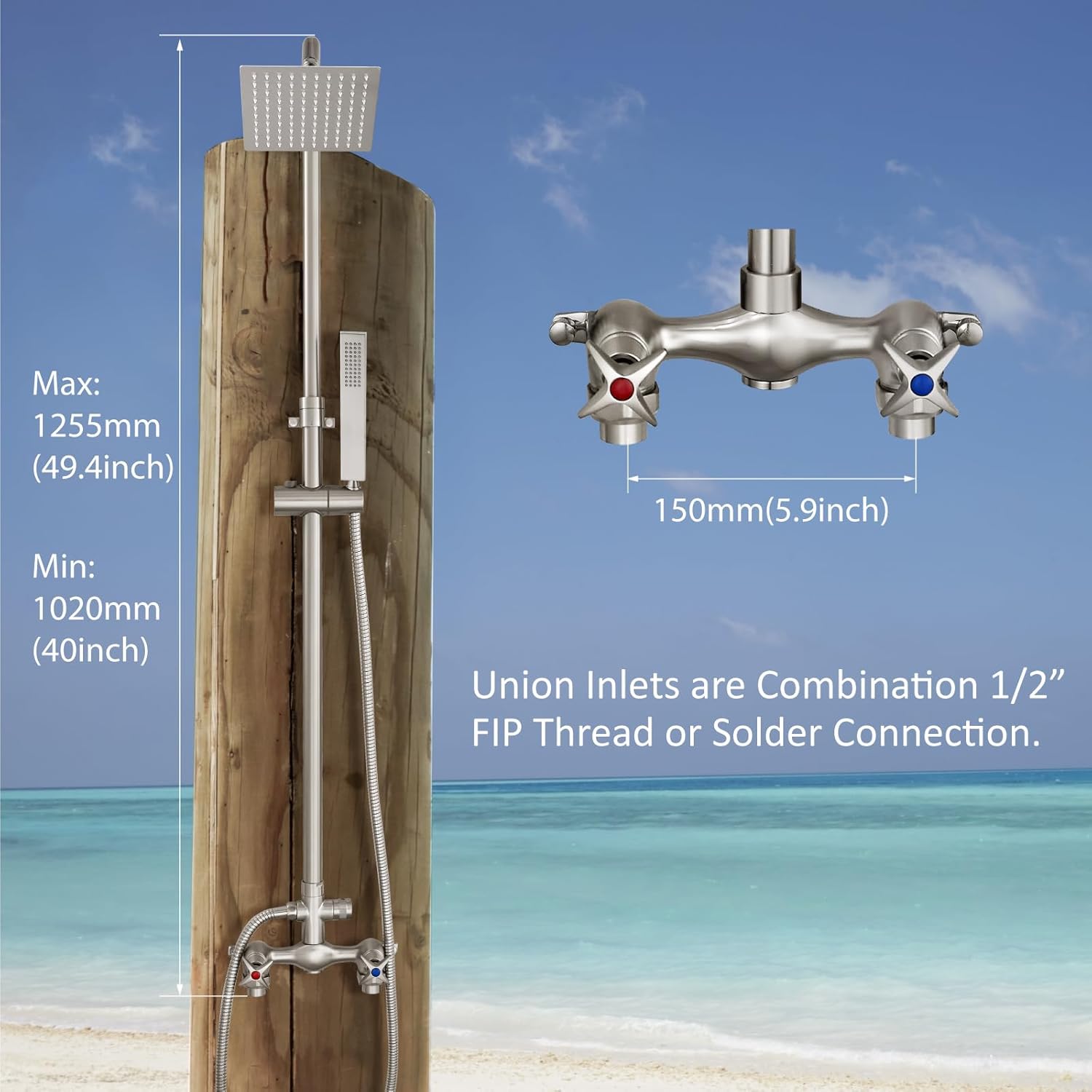 Aolemi Wall Mount Outdoor Shower Kit,Outdoor Shower Fixtures Faucet System with Handheld Spray,Double Handle 6 Inch Center Exposed Shower,with 6" Shower Head Brushed Nickel