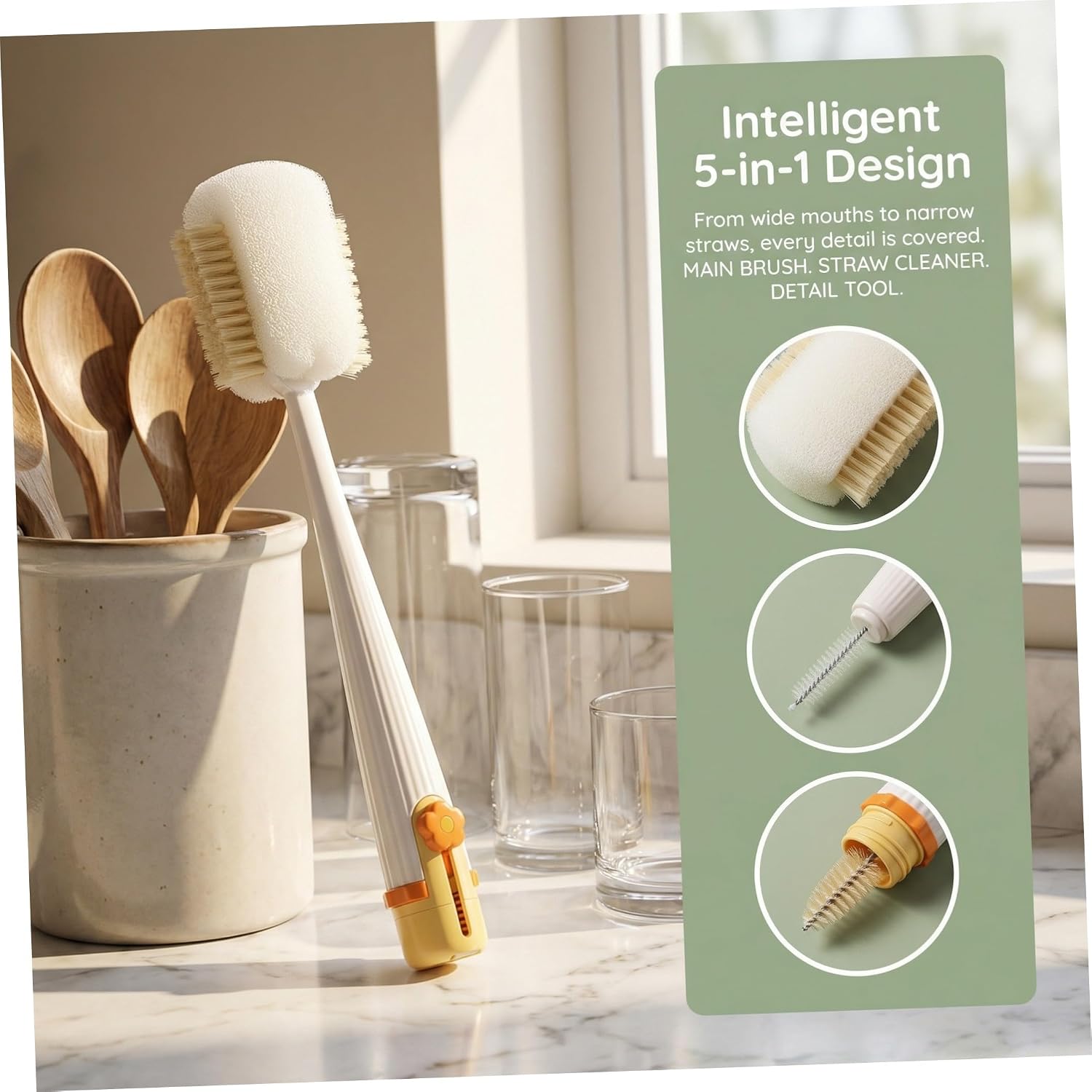 LABRIMP 5-in-1 Bottle Cleaning Brush Set for Bottles and Water Cups Multifunctional Straw and Lid Scrubber with Long Handle 2pcs Cream White and Dark Green