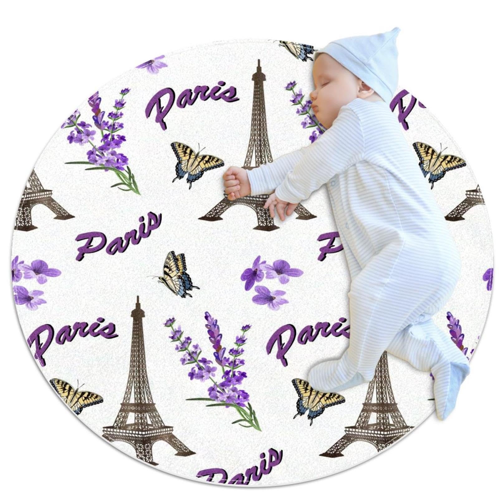 Tapis de salle de bain antidérapant rond 1m lavande et papillons