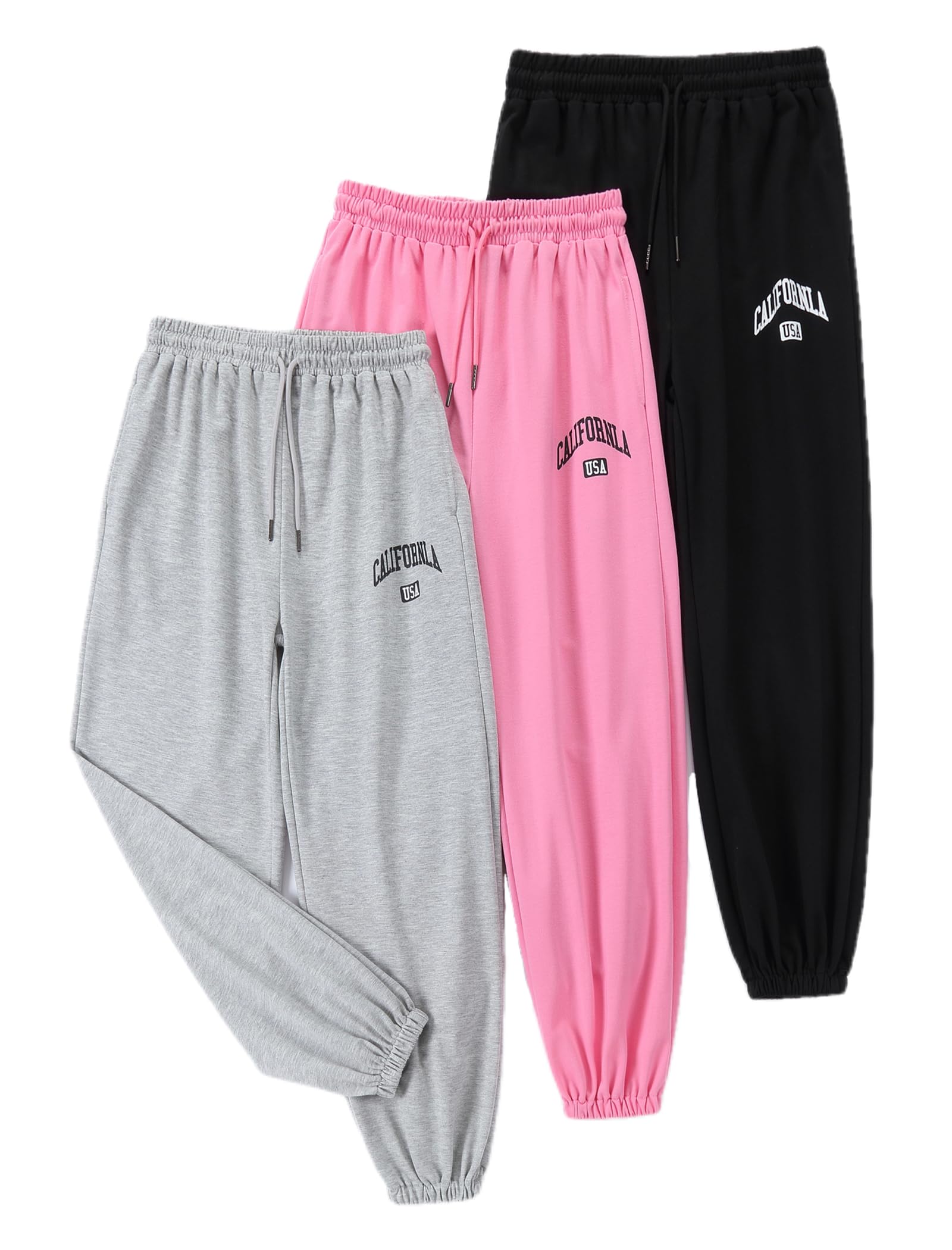 EXARUS Girls Sweatpants 3 Pack Sweat Pants Kids with Pockets Drawstring Baggy High Waisted Preppy Cute Joggers Youth 12Y