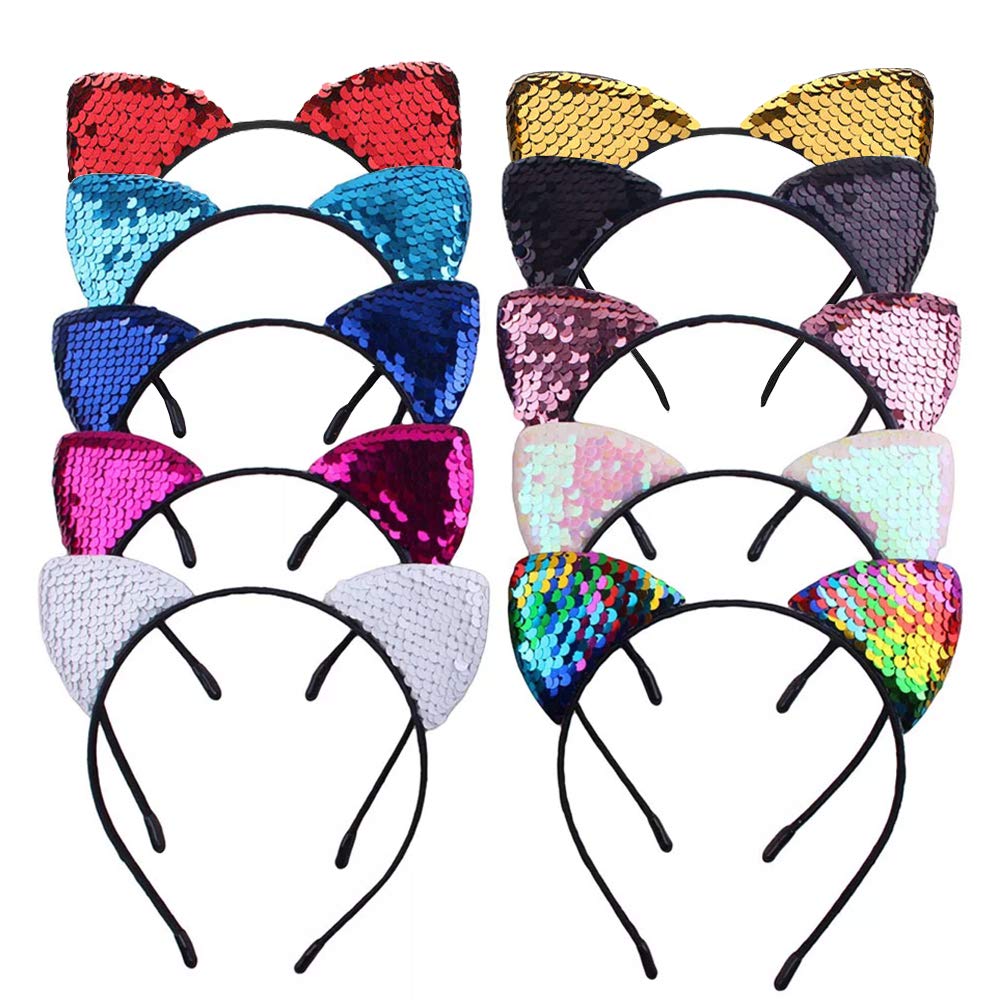 Tweal Cat Ear Headband Shiny Cute Sequins Headband Woman Hair Accessories for Daily Life Party Cosplay 10 Pieces