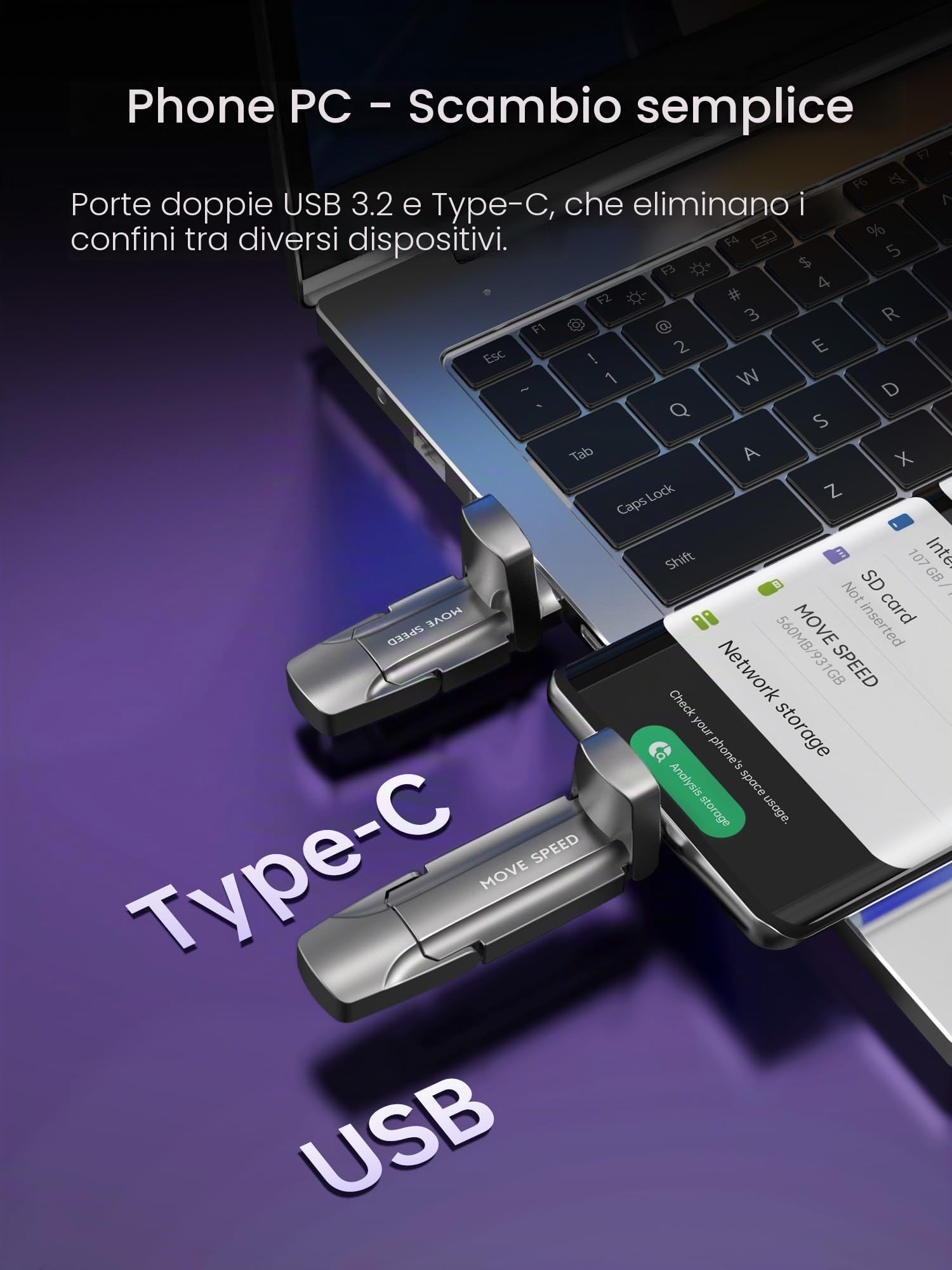 MOVE SPEED Chiavetta USB C da 512 GB – Chiavetta USB ad alta velocità con 1.000 MB/s, USB 3.2 Gen2 e tipo C Dual, con portachiavi e custodia in pelle