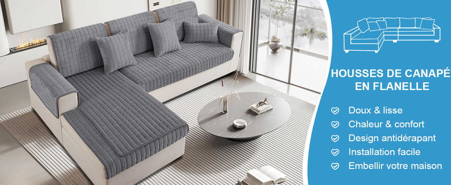 Housse De Canapé Flanelle Lavable Antidérapante - Protection Canapé 1/2/3/4 Places, Gris 70x150cm